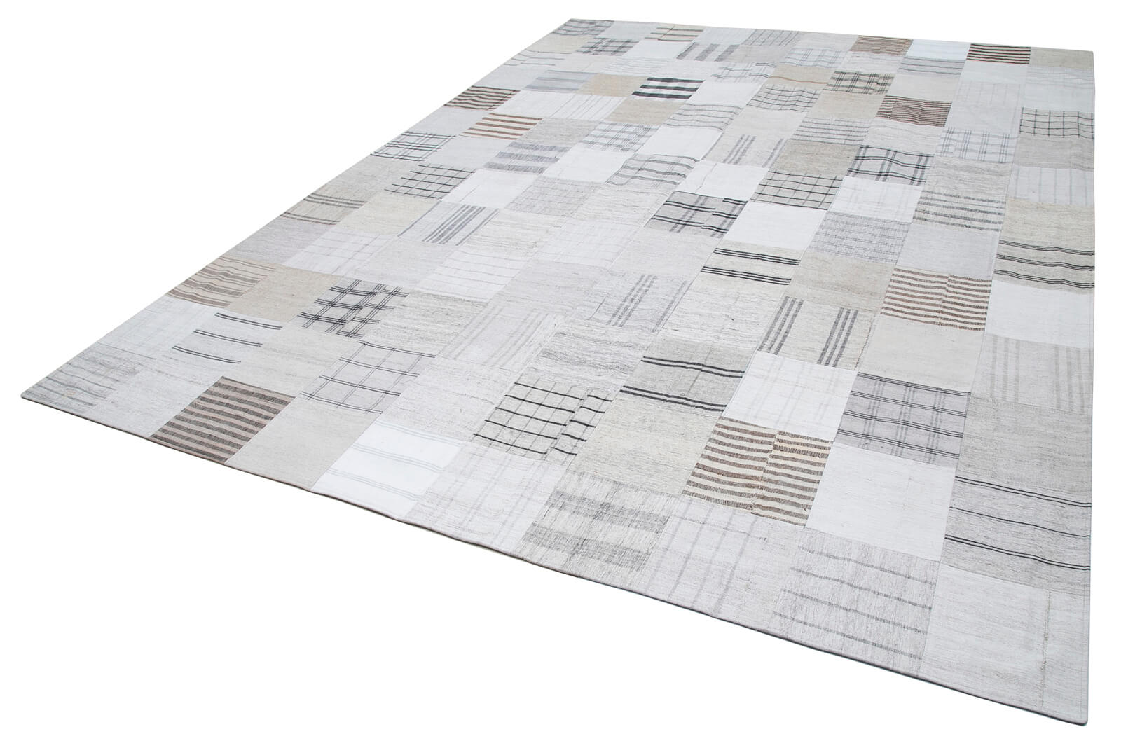 Handmade Area Rug – Beige Patchwork Turkish Wool Cotton Carpet 9'11''x13'1''