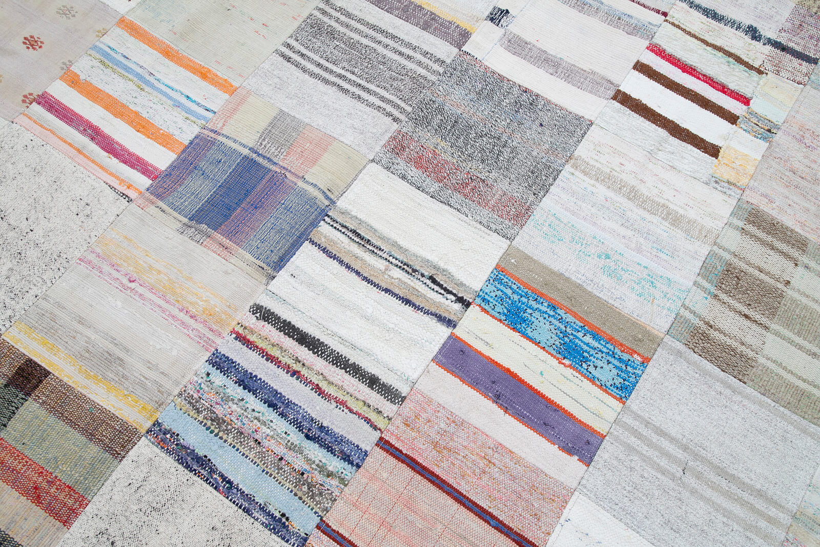 Handmade Area Rug – Grey Patchwork Cotton Wool Hand Knotted Vintage Carpet 10'x13'1''