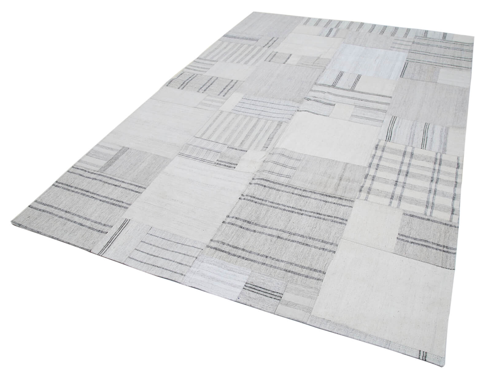 Handmade Area Rug - Beige Patchwork Turkish Wool Cotton Carpet 6'9''x10'