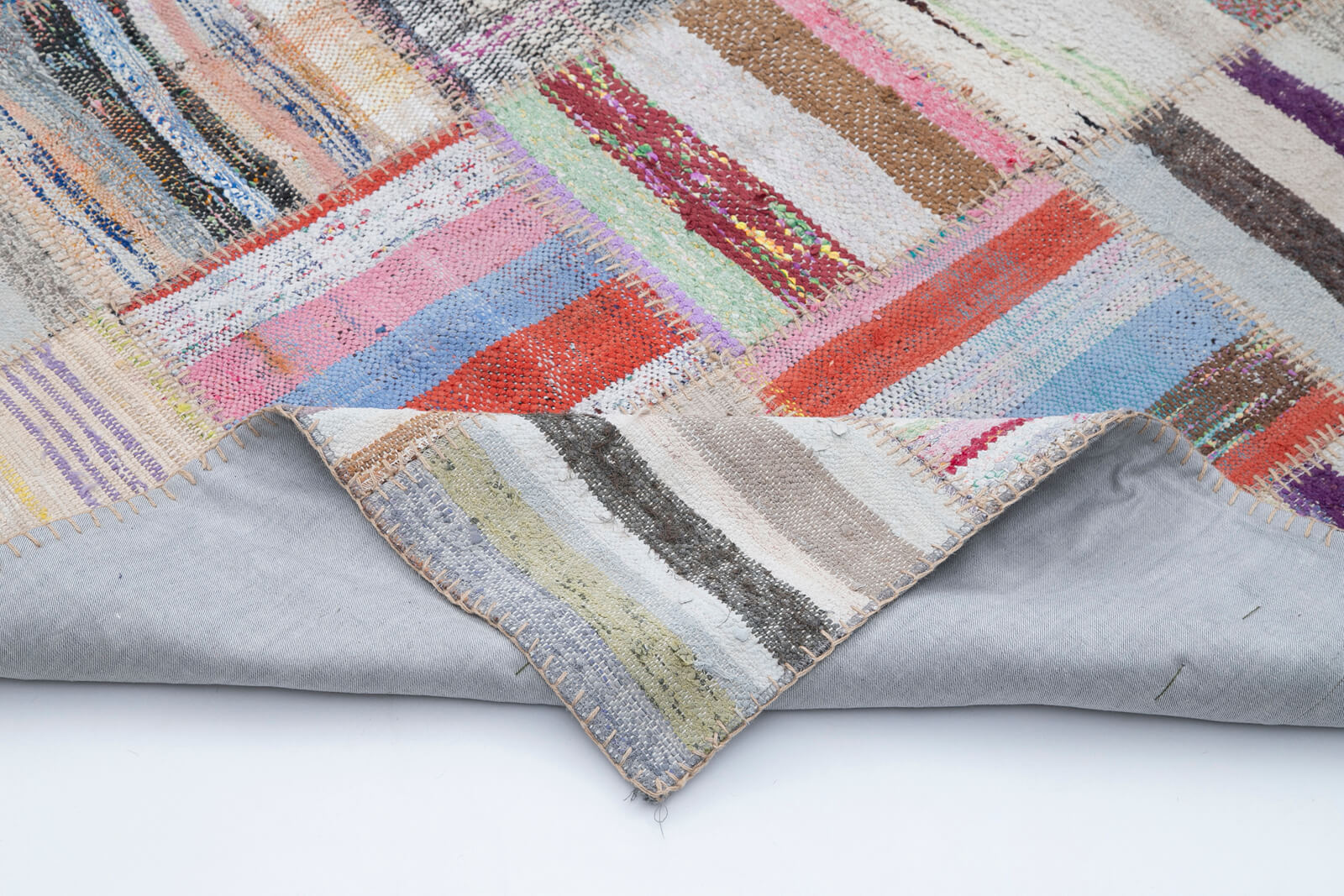 Handmade Area Rug - Grey Patchwork Cotton Wool Vintage Turkish Carpet 6'9''x9'9''
