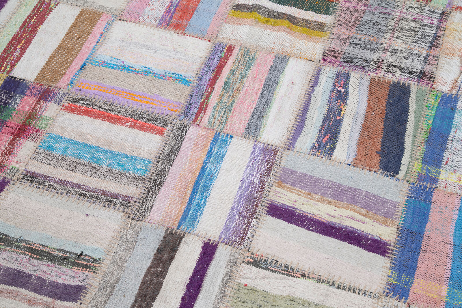 Handmade Area Rug - Grey Patchwork Cotton Wool Vintage Turkish Carpet 6'9''x9'9''