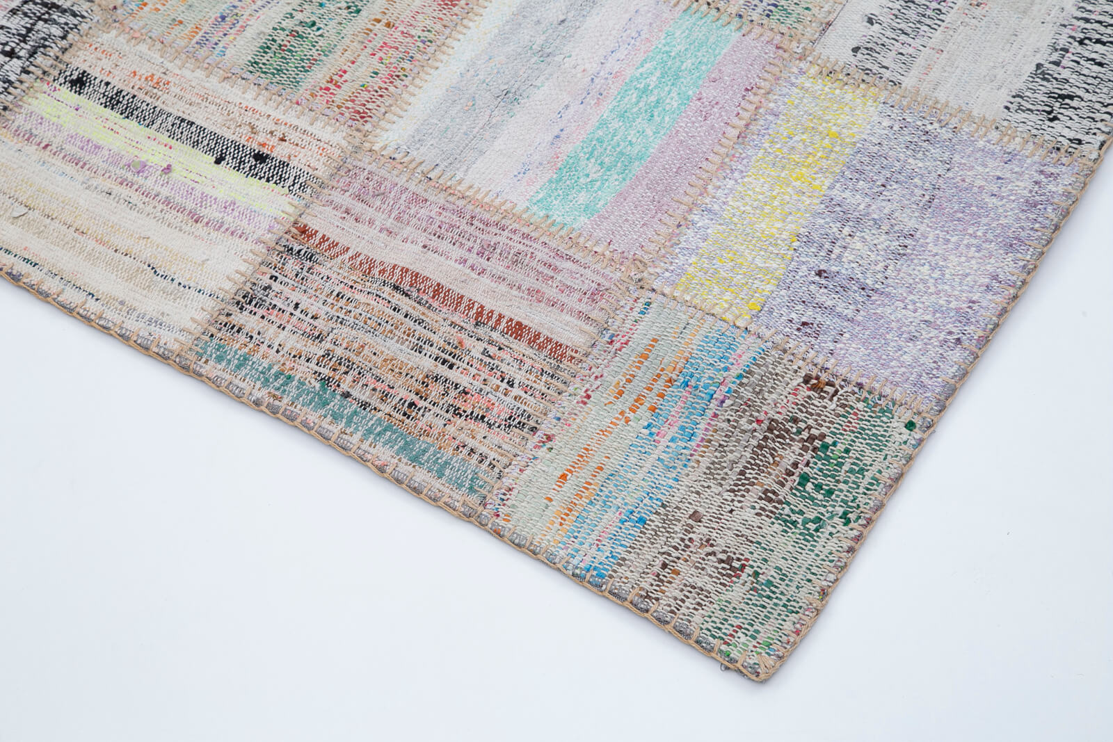 Handmade Patchwork Rug | Cotton Wool Living Room Rug, Beige Patchwork Carpet