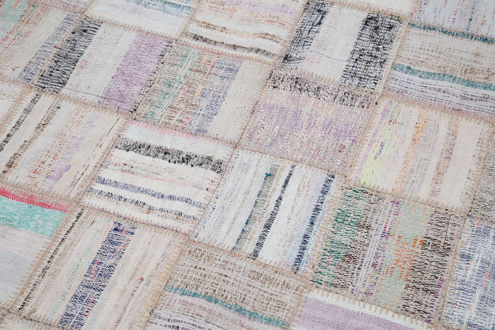 Handmade Patchwork Rug | Cotton Wool Living Room Rug, Beige Patchwork Carpet