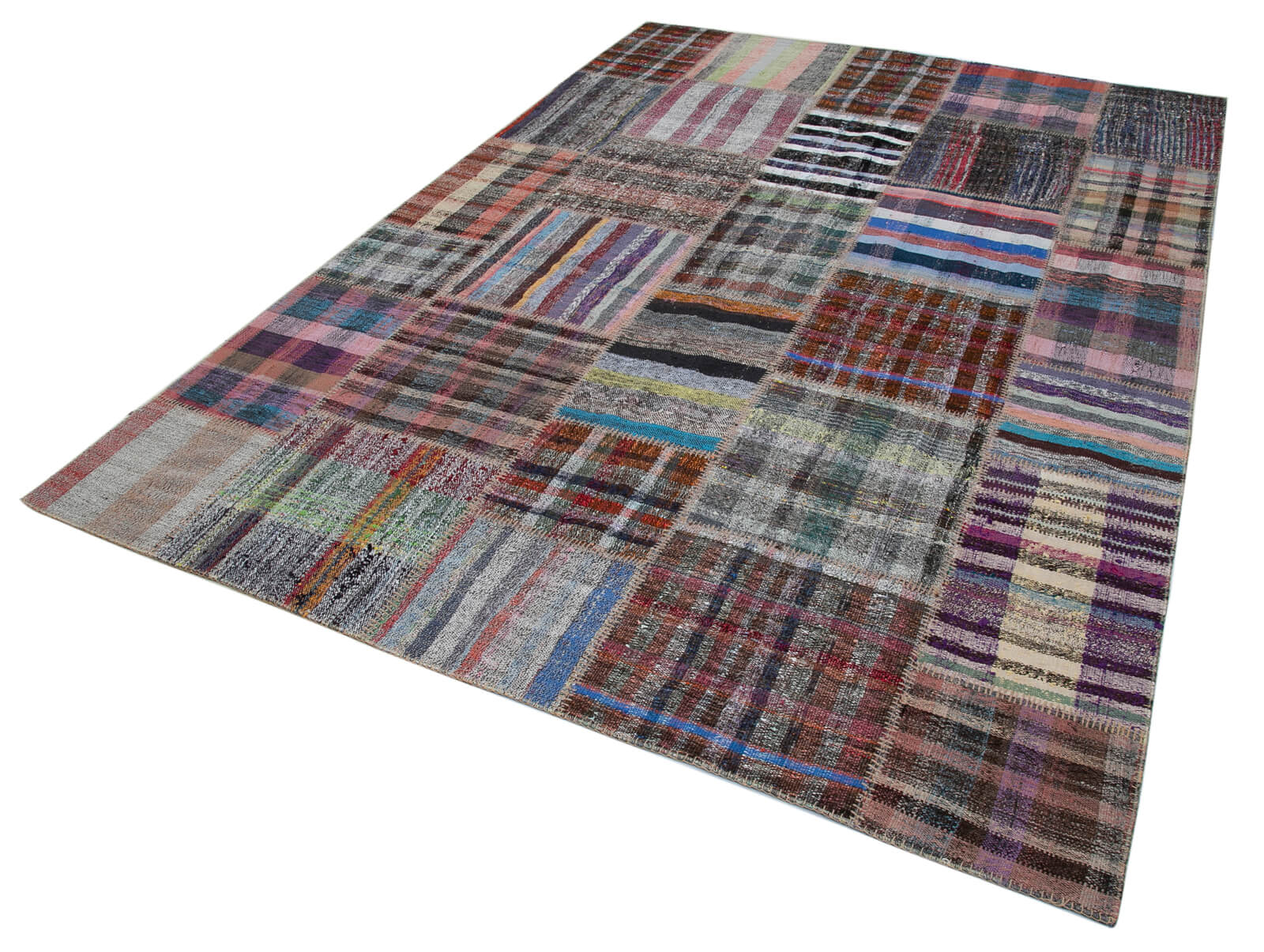 Handmade Patchwork Rug - Kirk Yama Grey Cotton Wool Vintage Area Rug 7'5''x10'2''