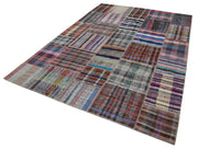 Handmade Patchwork Rug - Kirk Yama Grey Cotton Wool Vintage Area Rug 7'5''x10'2''