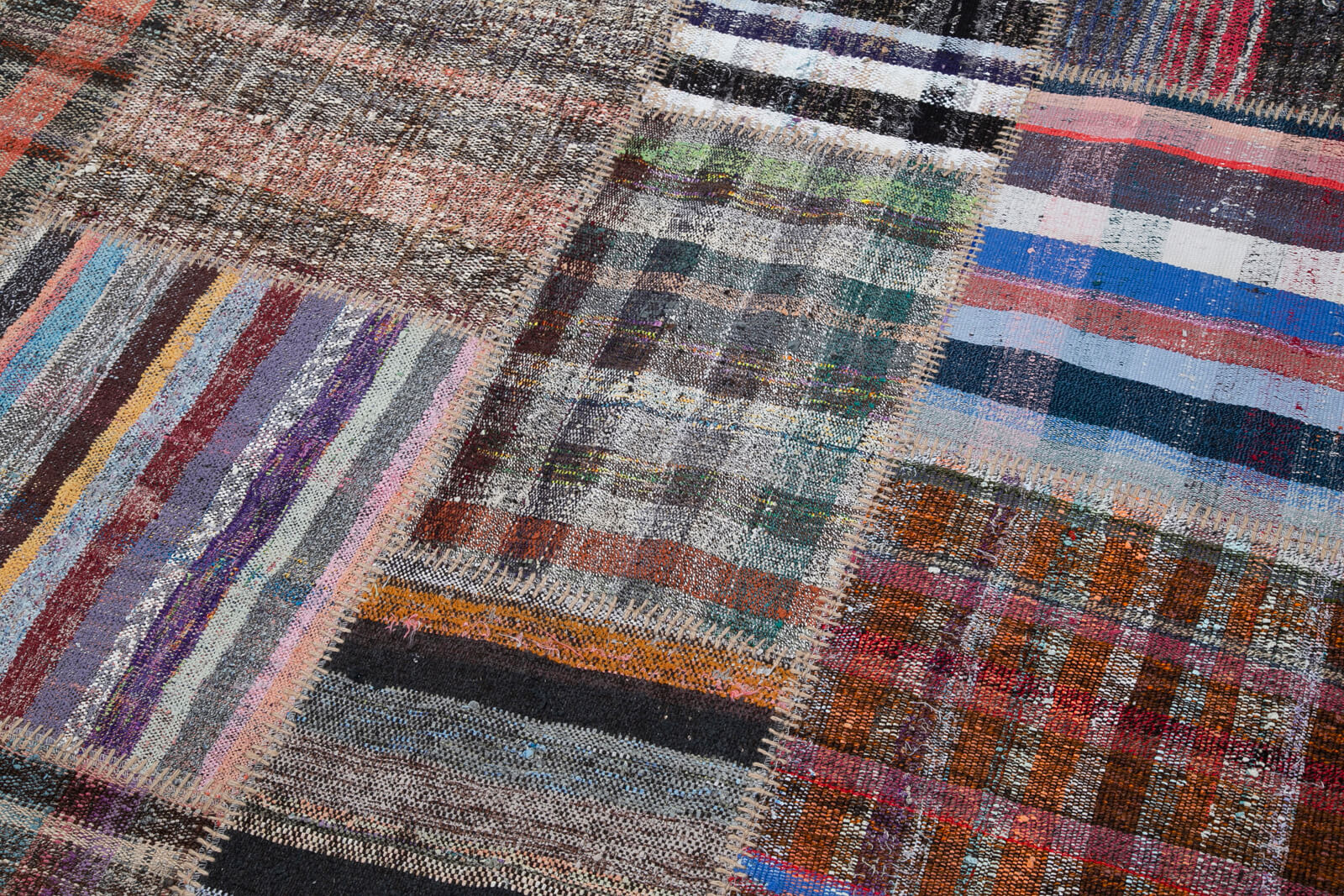 Handmade Patchwork Rug - Kirk Yama Grey Cotton Wool Vintage Area Rug 7'5''x10'2''