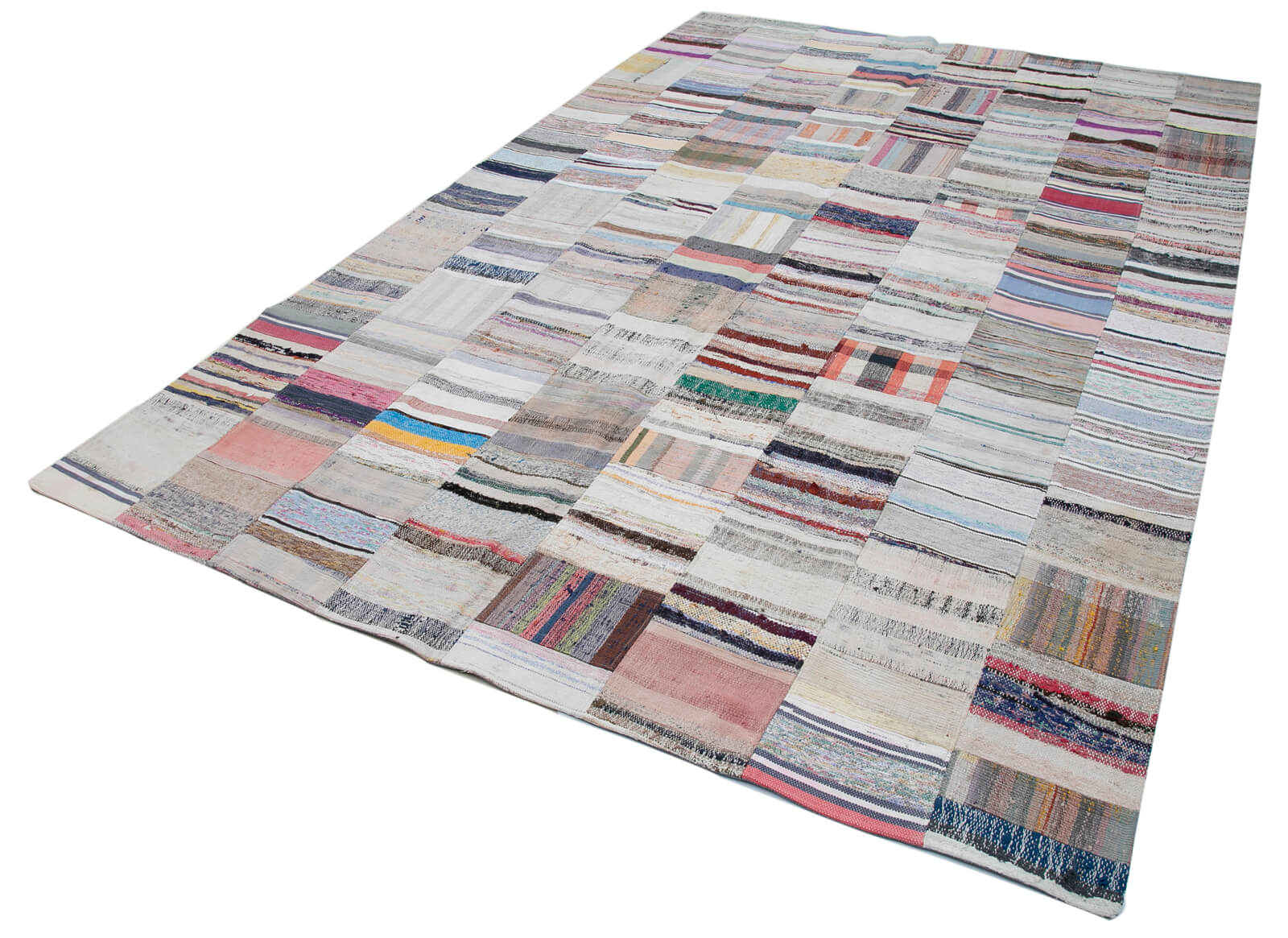 Handmade Patchwork Rug - Grey Cotton Wool Area Rug 7'5''x11'7'' Vintage Bohemian Style