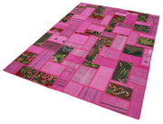 Handmade Area Rug - Pink Patchwork Cotton Wool Vintage Turkish Carpet 5'7''x7'9''