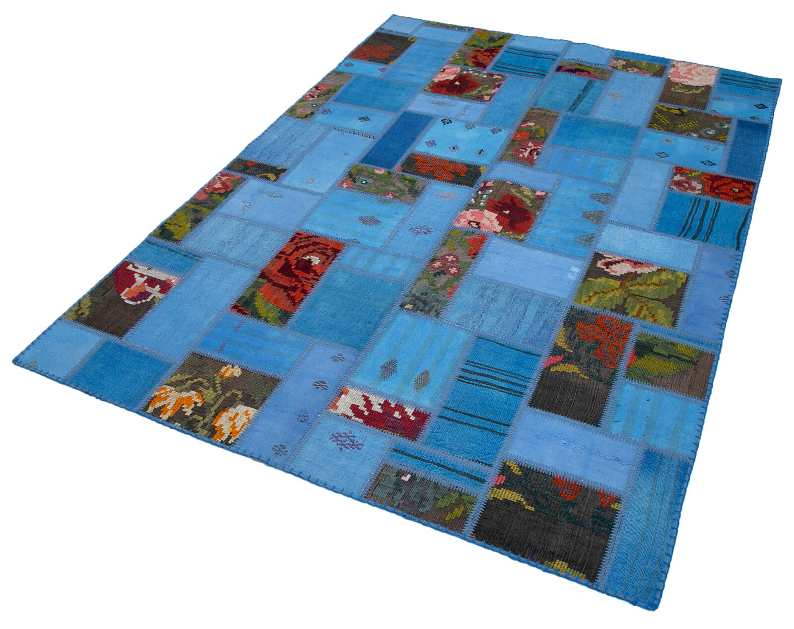 Handmade Area Rug - Blue Patchwork Cotton Wool Turkish Wool Carpet 5'6''x7'8''