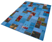 Handmade Area Rug - Blue Patchwork Cotton Wool Turkish Wool Carpet 5'6''x7'8''
