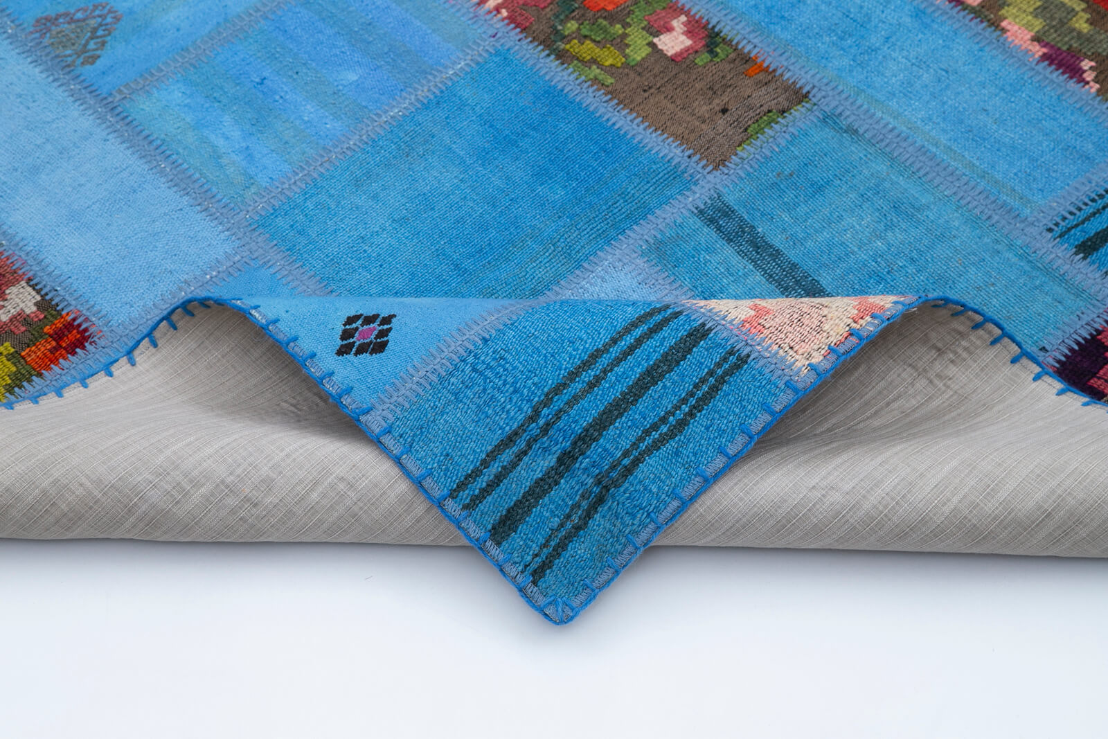 Handmade Area Rug - Blue Patchwork Cotton Wool Turkish Wool Carpet 5'6''x7'8''