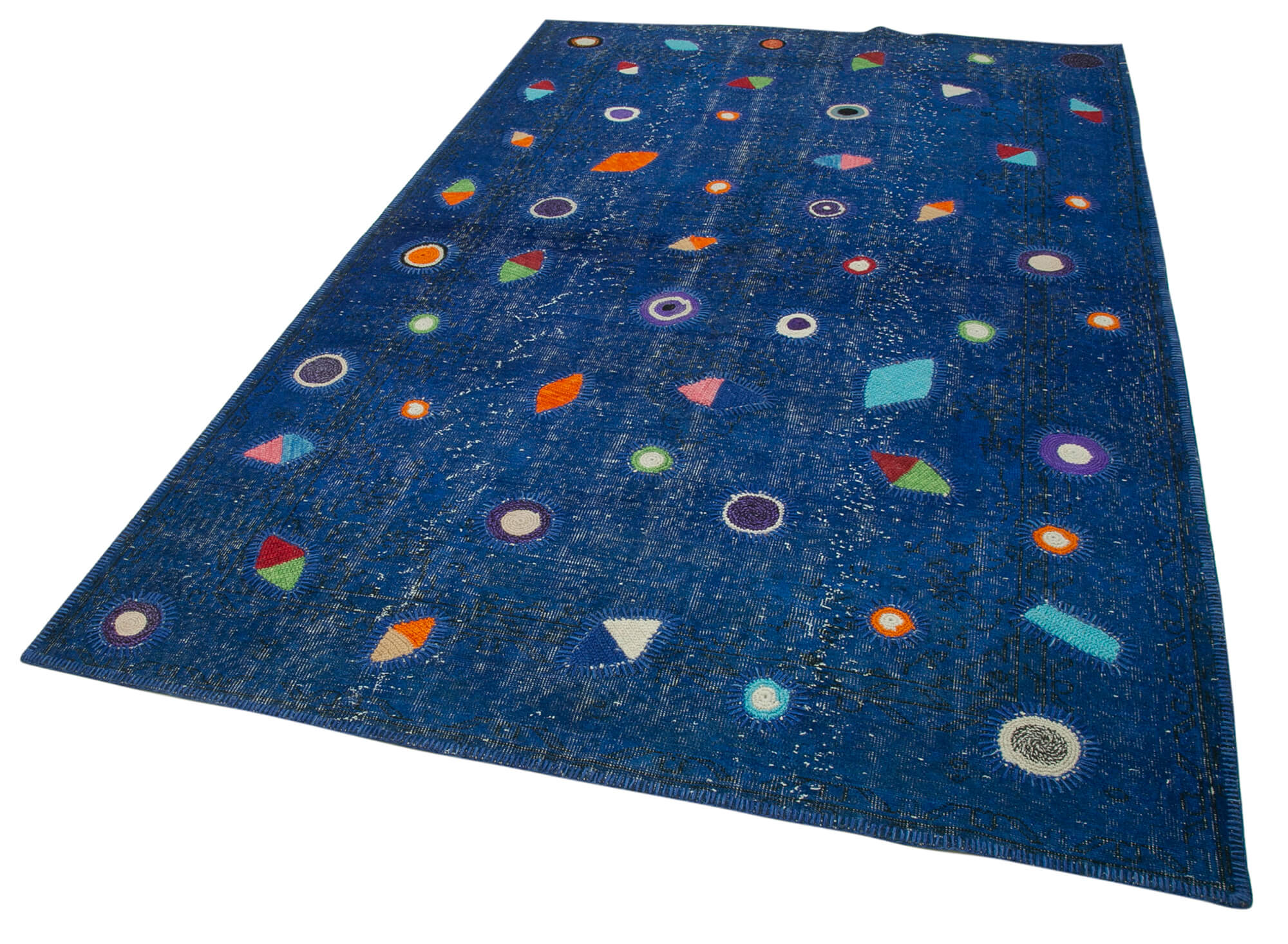 Handmade Area Rug - Blue Patchwork Cotton Wool Vintage Turkish Carpet 5'7''x8'11''