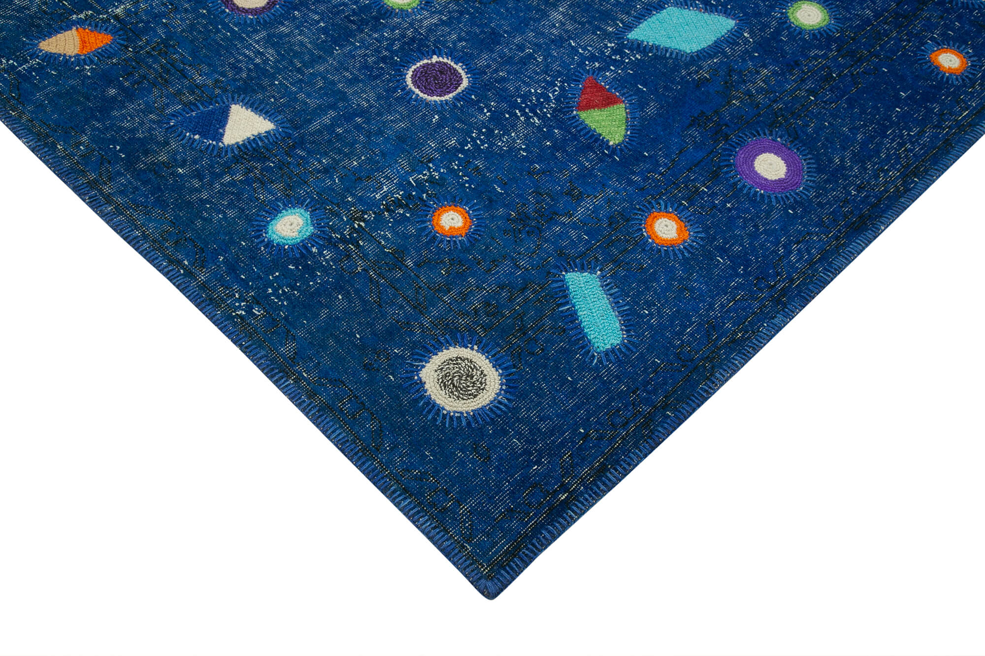 Handmade Area Rug - Blue Patchwork Cotton Wool Vintage Turkish Carpet 5'7''x8'11''