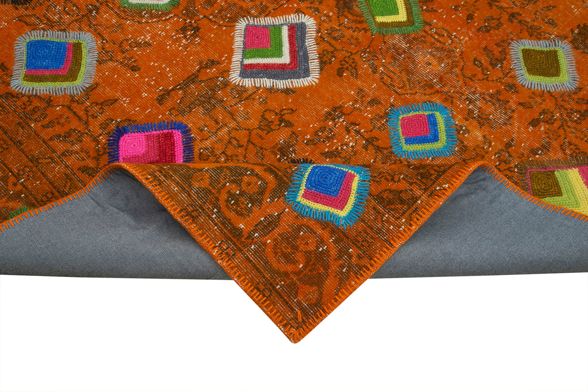 Handmade Area Rug - Kirk Yama Orange Patchwork Cotton Wool Carpet 6'10''x9'7''