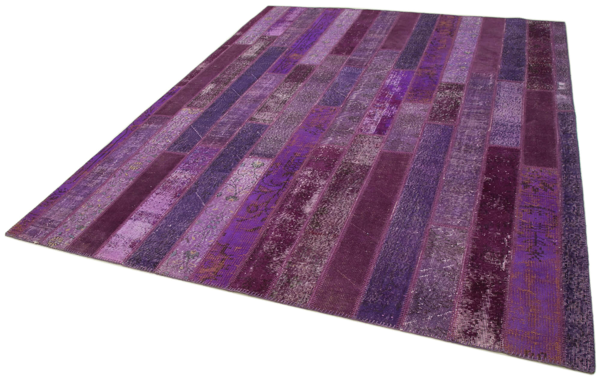 Handmade Area Rug – Purple Patchwork Wool & Cotton Carpet 8x10 Vintage Style
