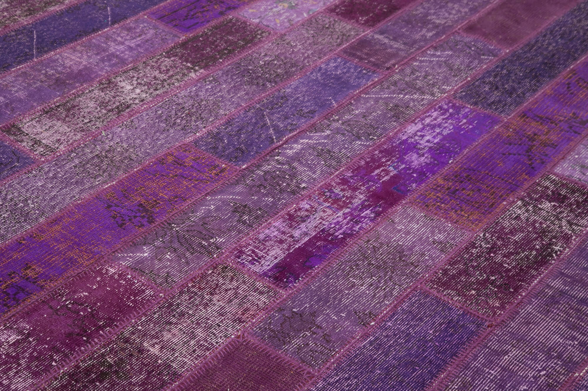 Handmade Area Rug – Purple Patchwork Wool & Cotton Carpet 8x10 Vintage Style