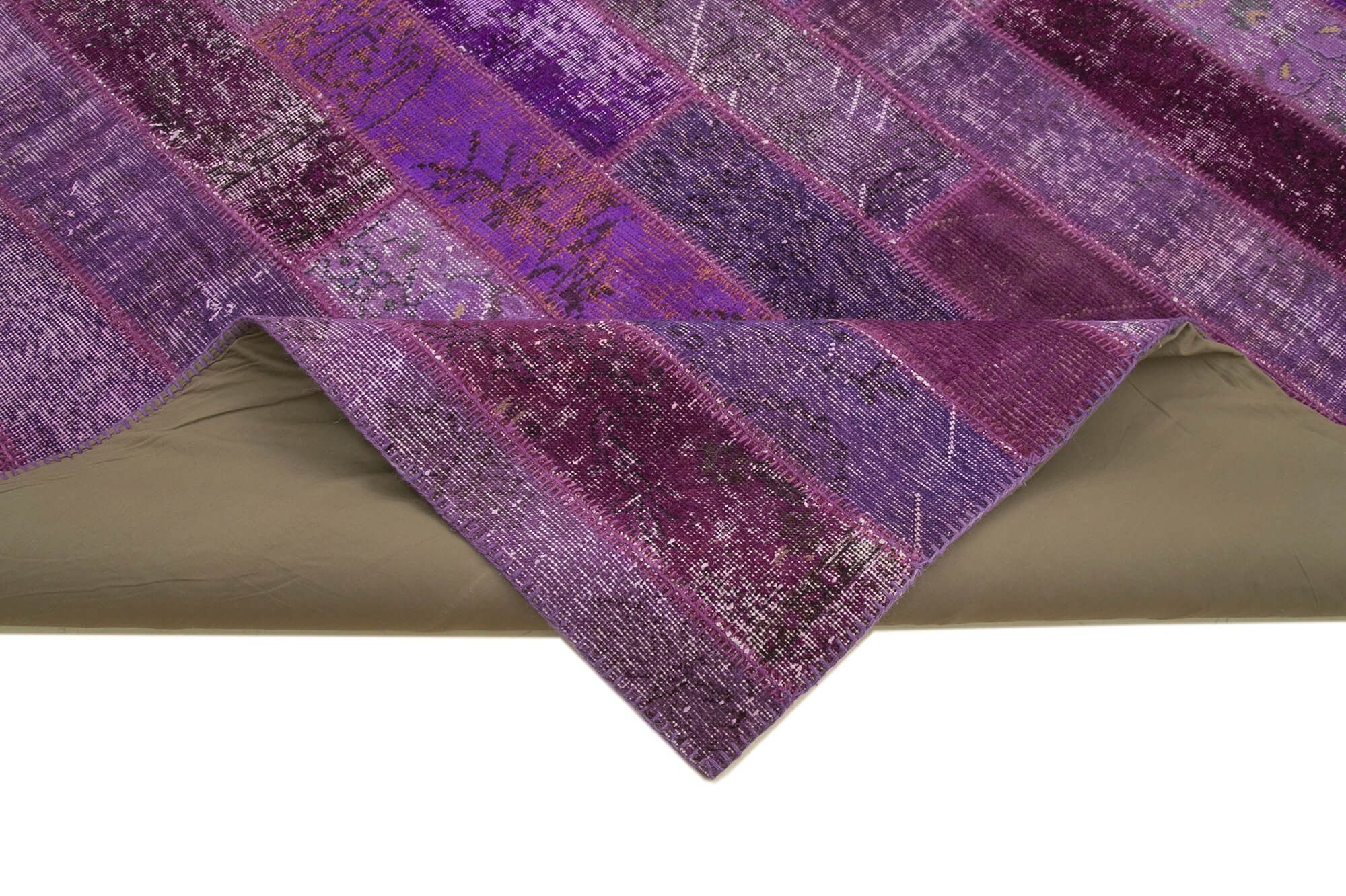 Handmade Area Rug – Purple Patchwork Wool & Cotton Carpet 8x10 Vintage Style