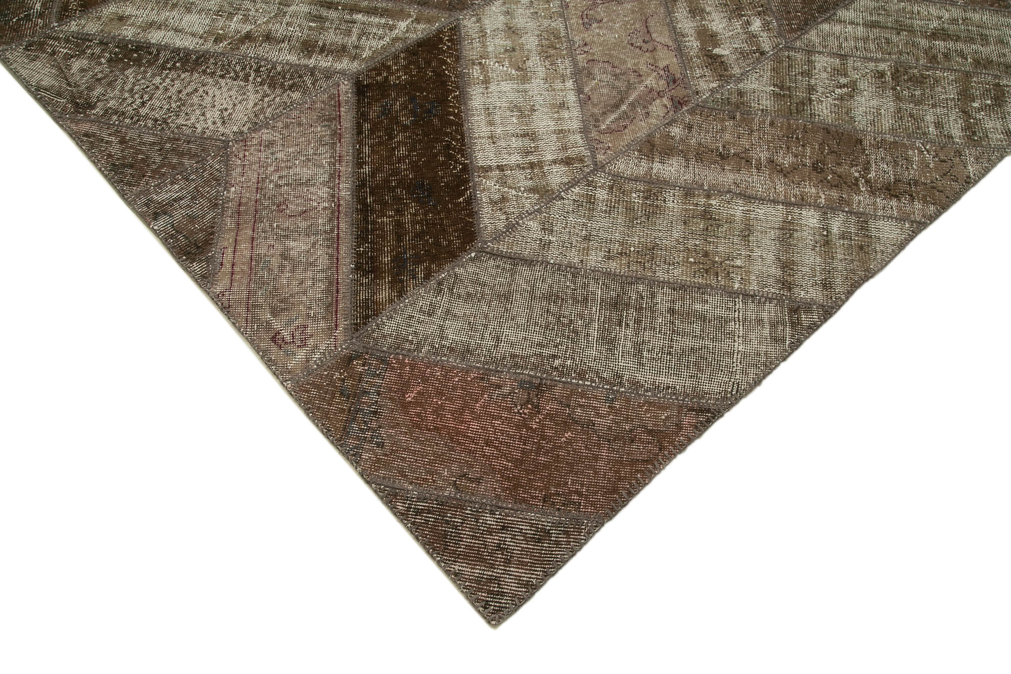 Handmade Area Rug – Brown Patchwork Cotton Wool Vintage Carpet 7'11''x10'1''