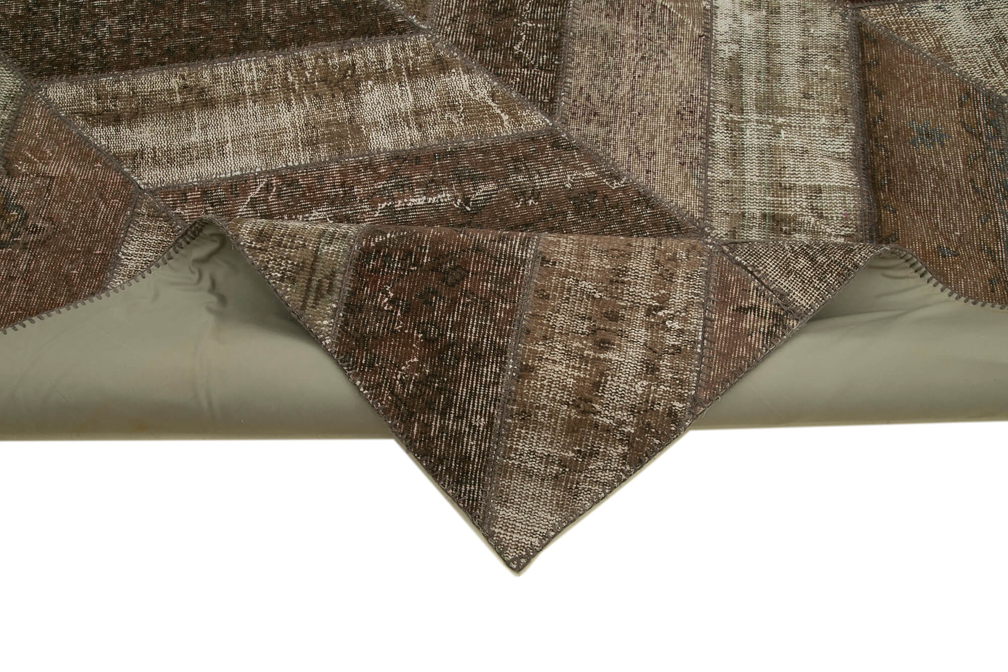Handmade Area Rug – Brown Patchwork Cotton Wool Vintage Carpet 7'11''x10'1''