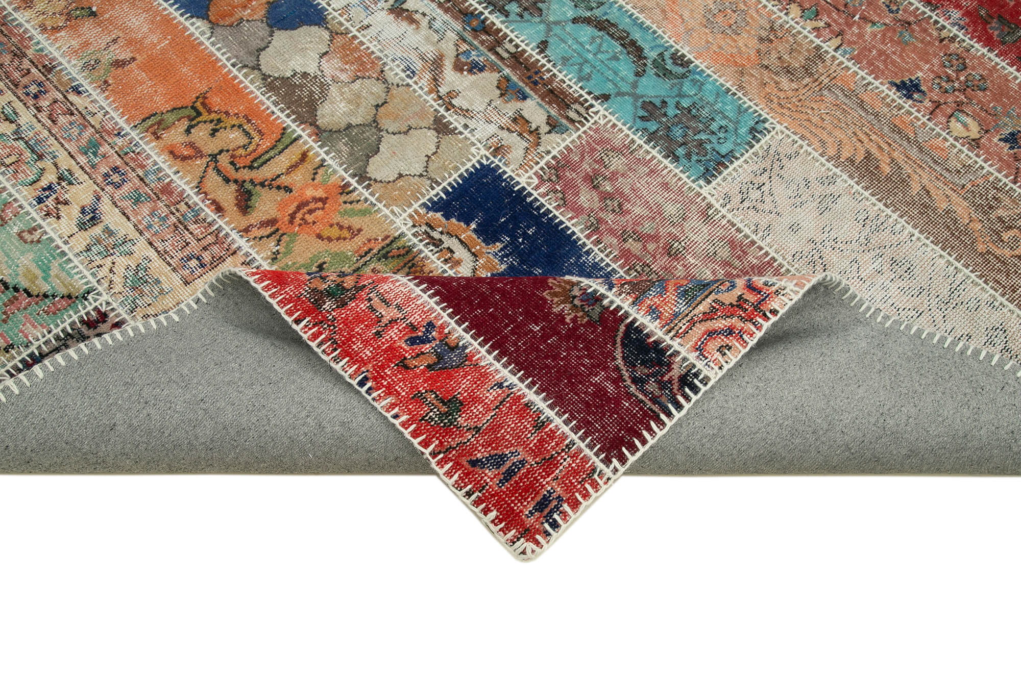 Handmade Area Rug - Grey Patchwork Cotton Wool Vintage Hand Knotted Carpet 6'9''x10'