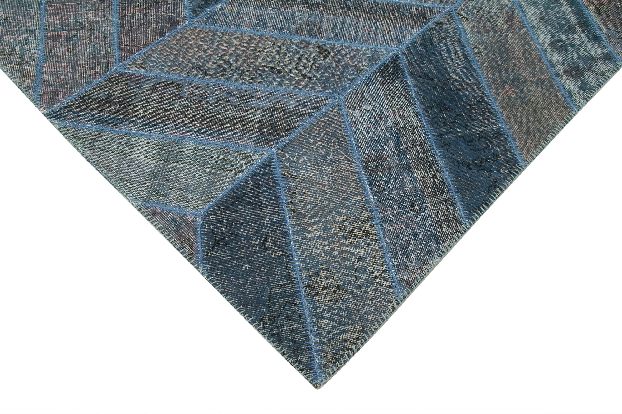 Handmade Patchwork Rug - Blue Area Rug Cotton Wool Durable Wool Carpet 6'6" x 9'10"