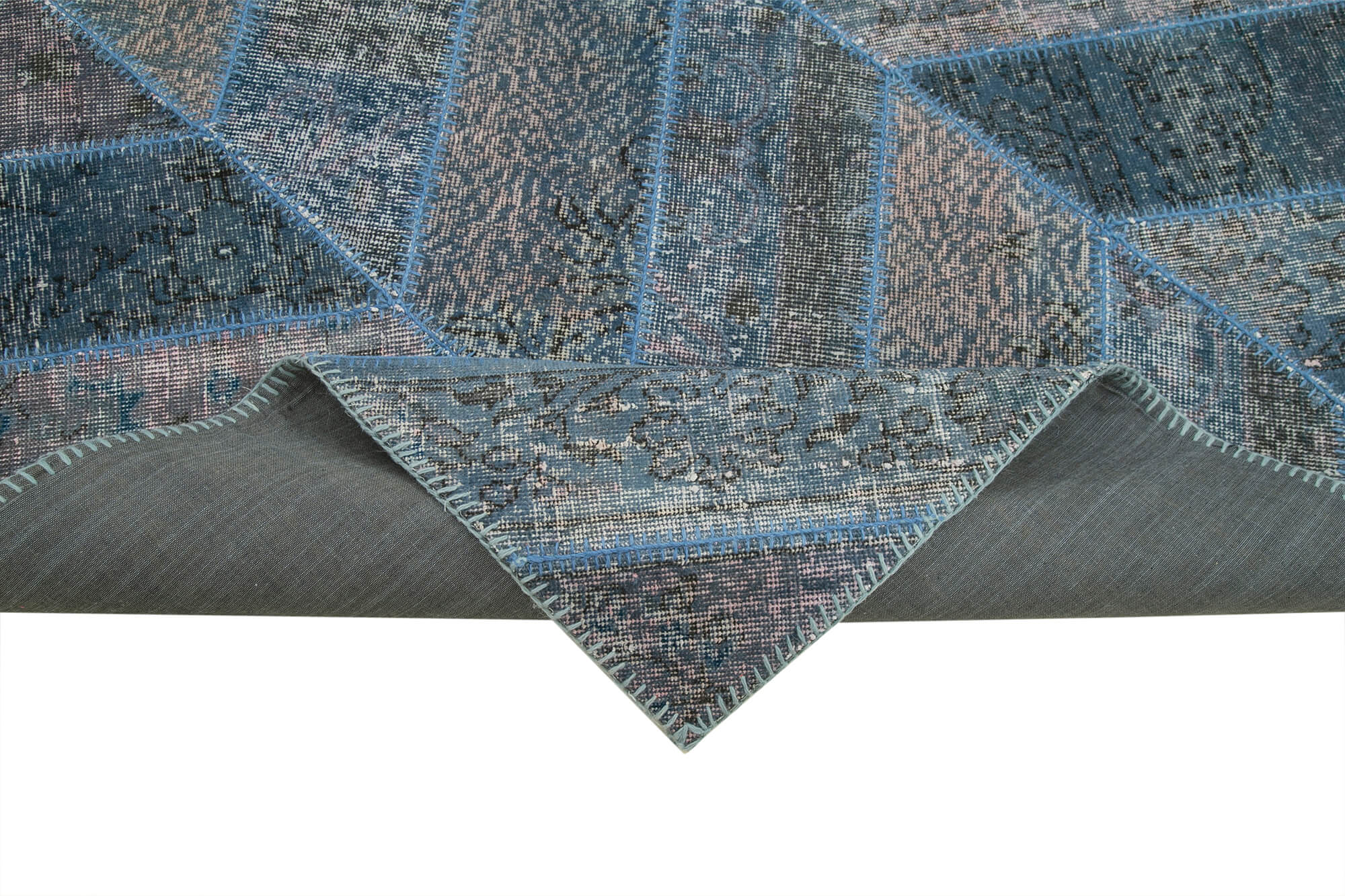 Handmade Patchwork Rug - Blue Area Rug Cotton Wool Durable Wool Carpet 6'6" x 9'10"