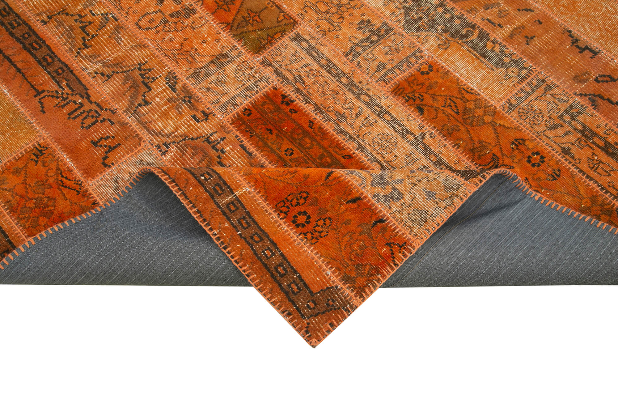 Handmade Wool Area Rug - Orange Patchwork Cotton Wool Rug 6'8" x 10'0"