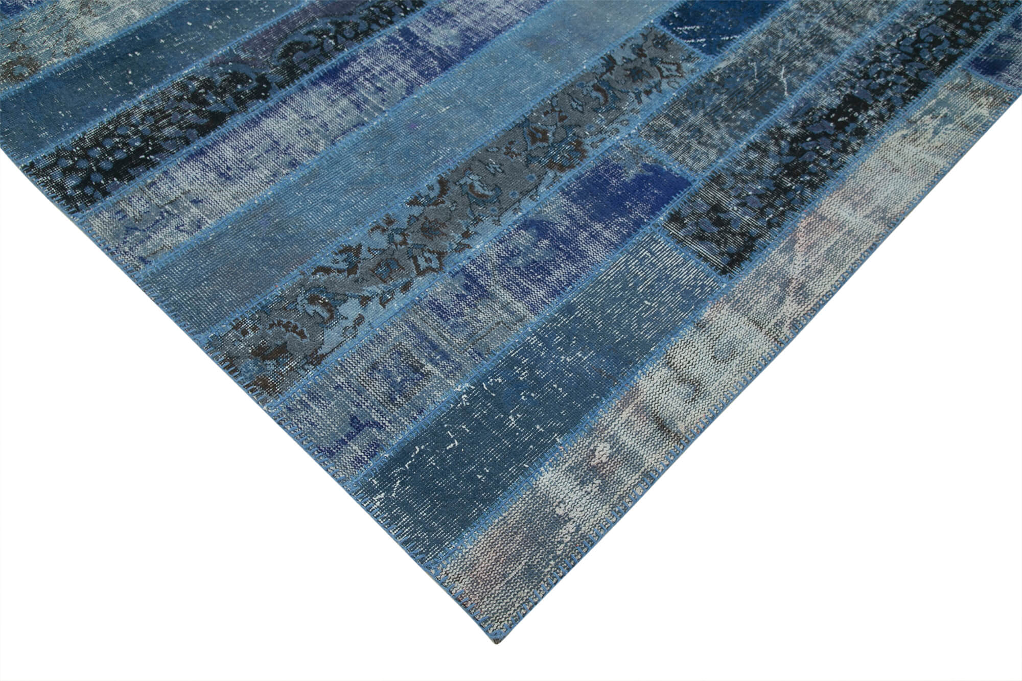 Handmade Area Rug - Blue Patchwork Cotton Wool Vintage Turkish Carpet 6'9''x10'
