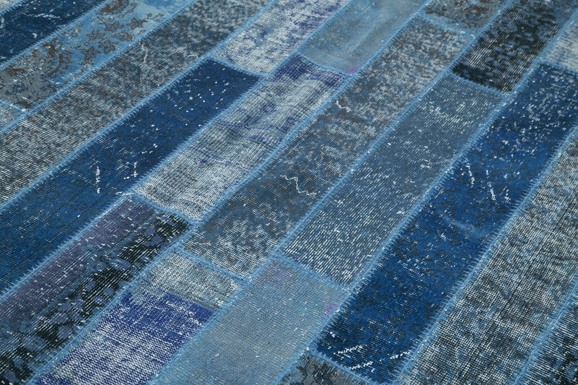 Handmade Area Rug - Blue Patchwork Cotton Wool Vintage Turkish Carpet 6'9''x10'