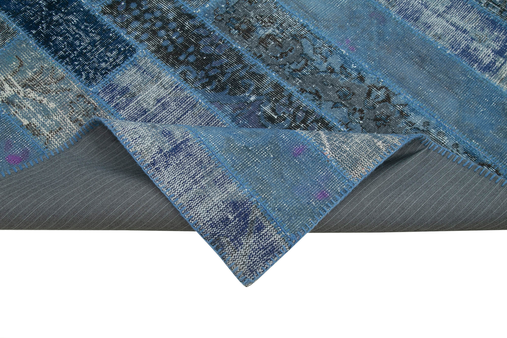 Handmade Area Rug - Blue Patchwork Cotton Wool Vintage Turkish Carpet 6'9''x10'