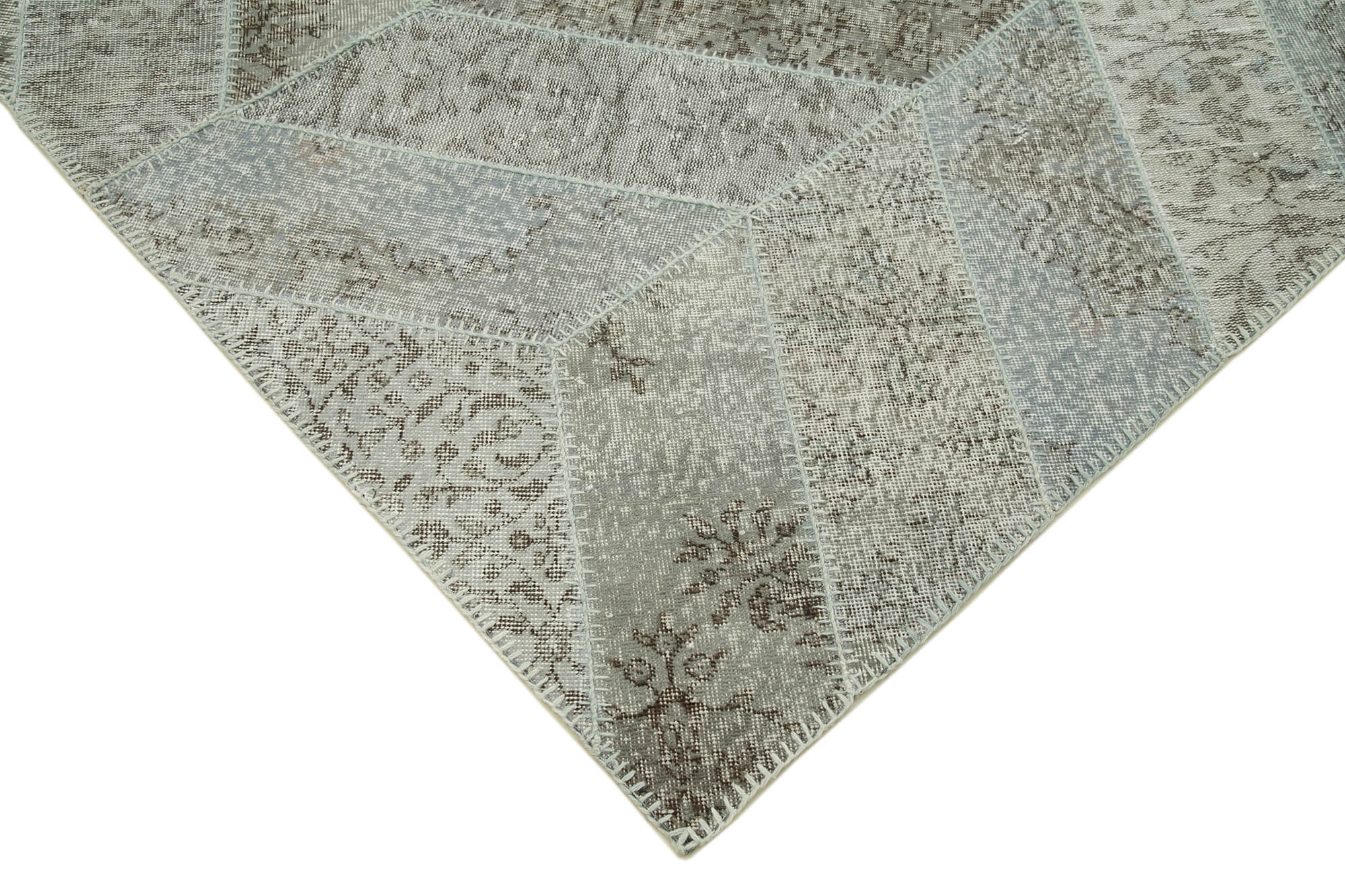 Handmade Area Rug - Grey Patchwork Carpet 6'3"x8'7" Cotton Wool Vintage Style