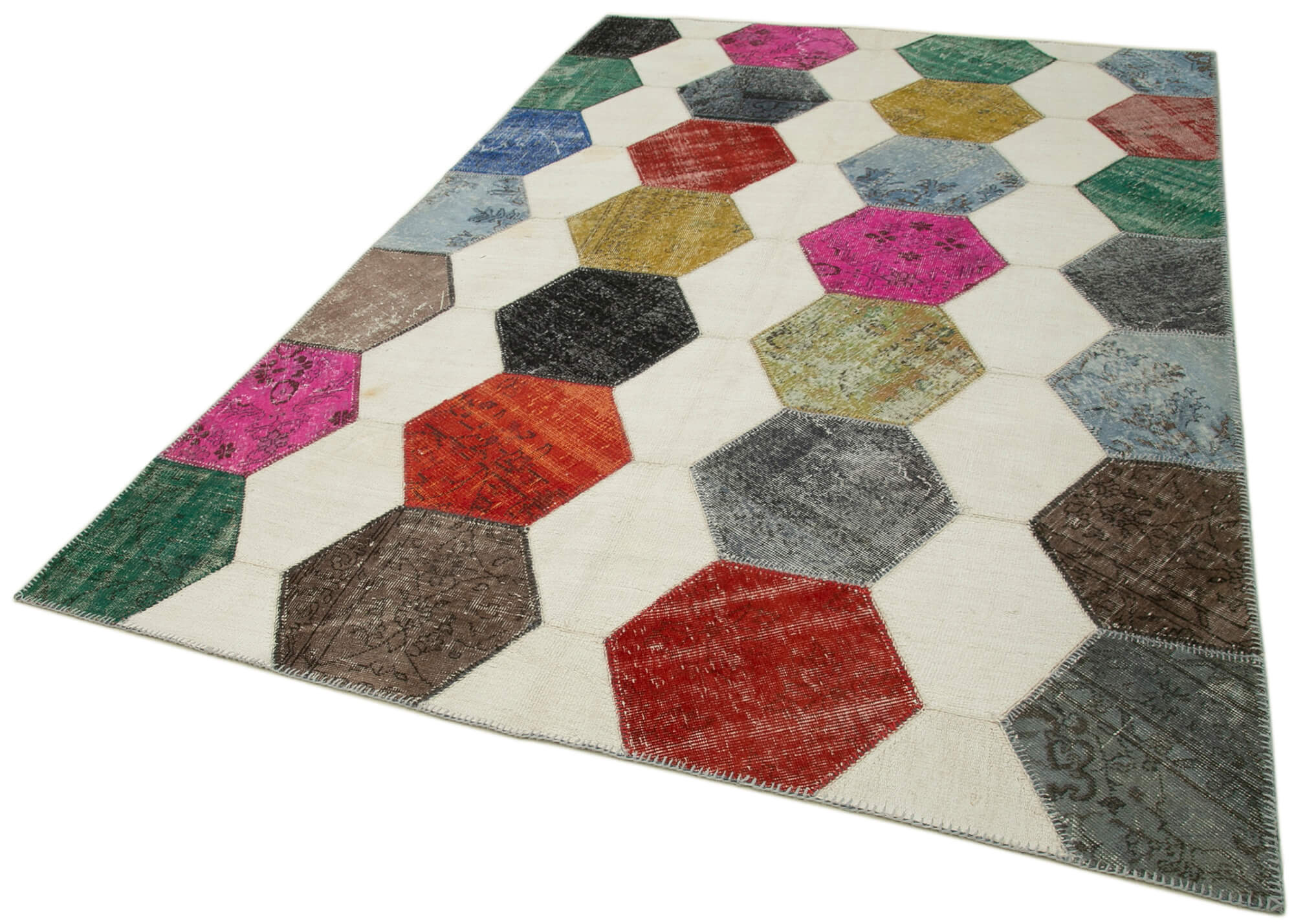 Handmade Area Rug - Grey Patchwork Vintage Handwoven Carpet 6'5"x9'5" Wool Cotton
