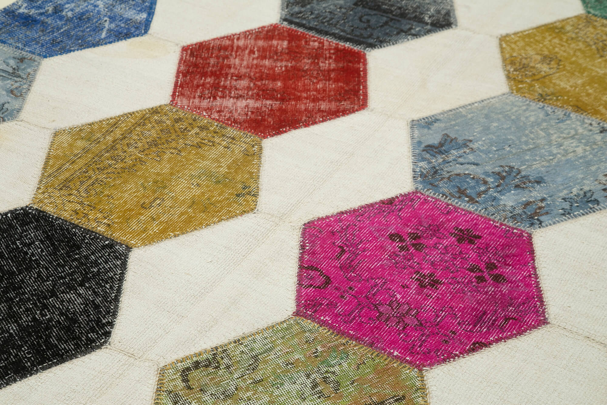 Handmade Area Rug - Grey Patchwork Vintage Handwoven Carpet 6'5"x9'5" Wool Cotton