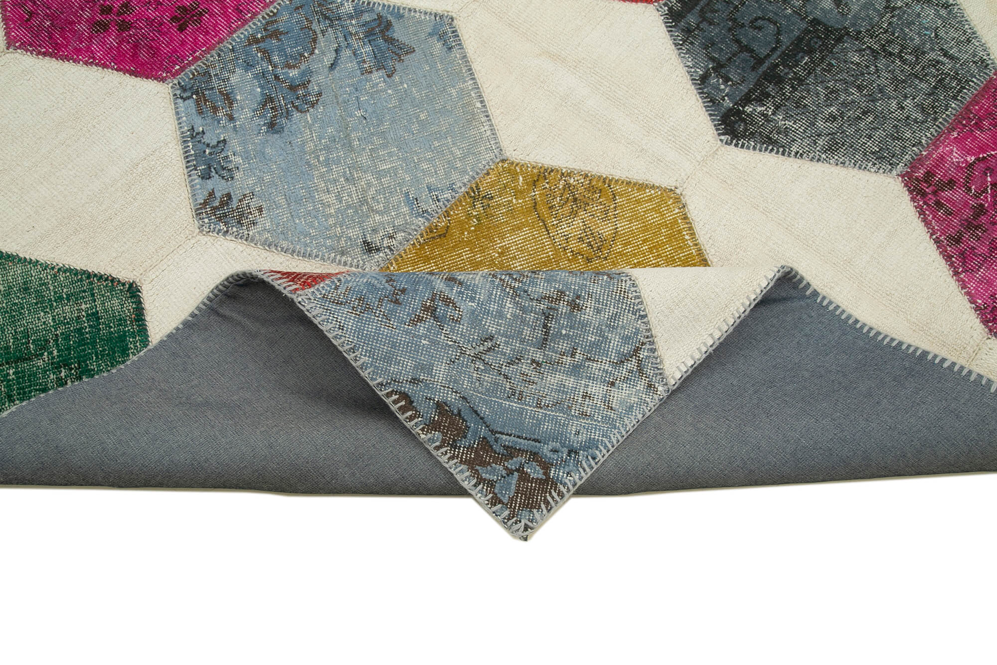 Handmade Area Rug - Grey Patchwork Vintage Handwoven Carpet 6'5"x9'5" Wool Cotton