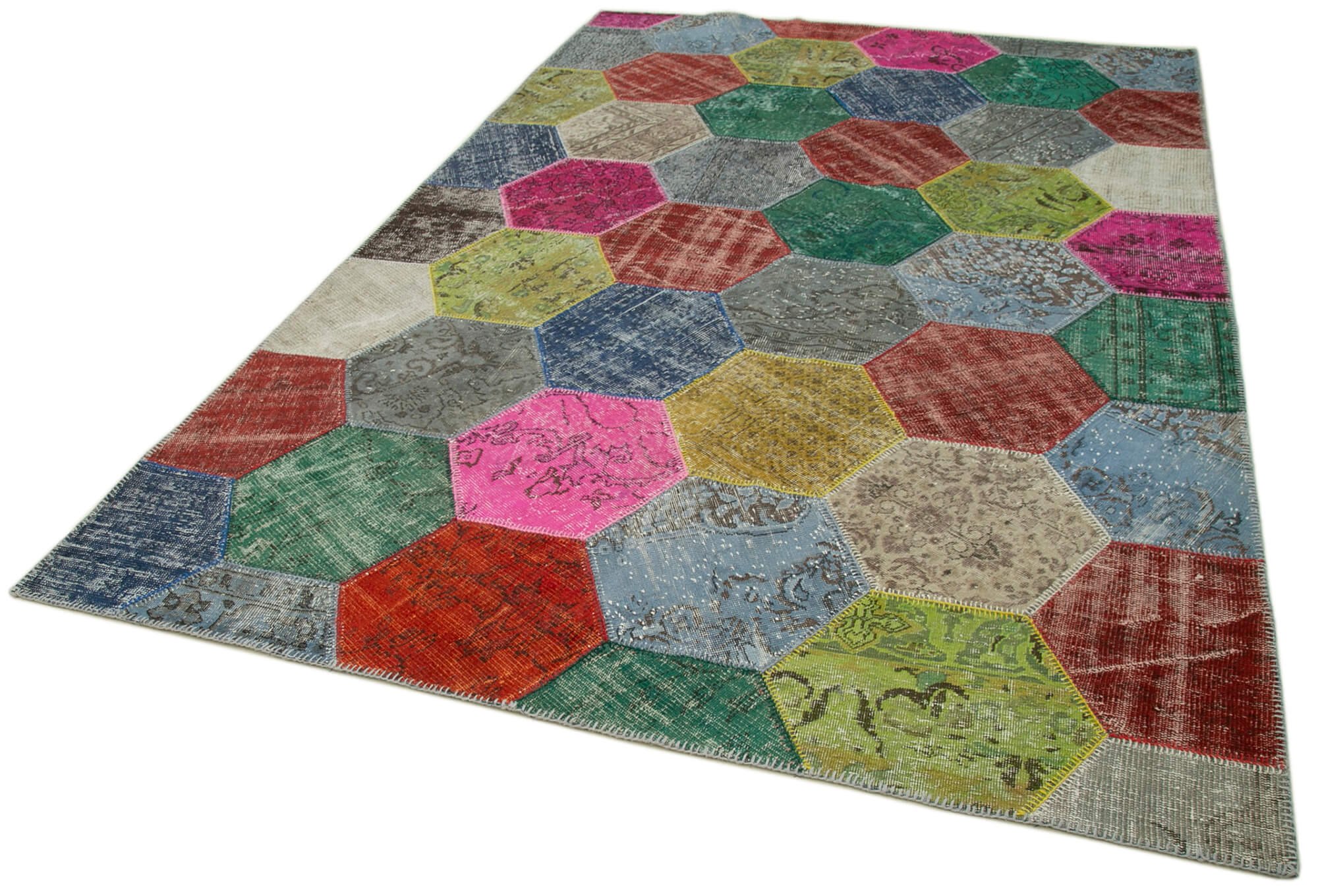 Handmade Area Rug - Grey Patchwork Cotton Wool Vintage Hand Woven Carpet 6'8''x10'