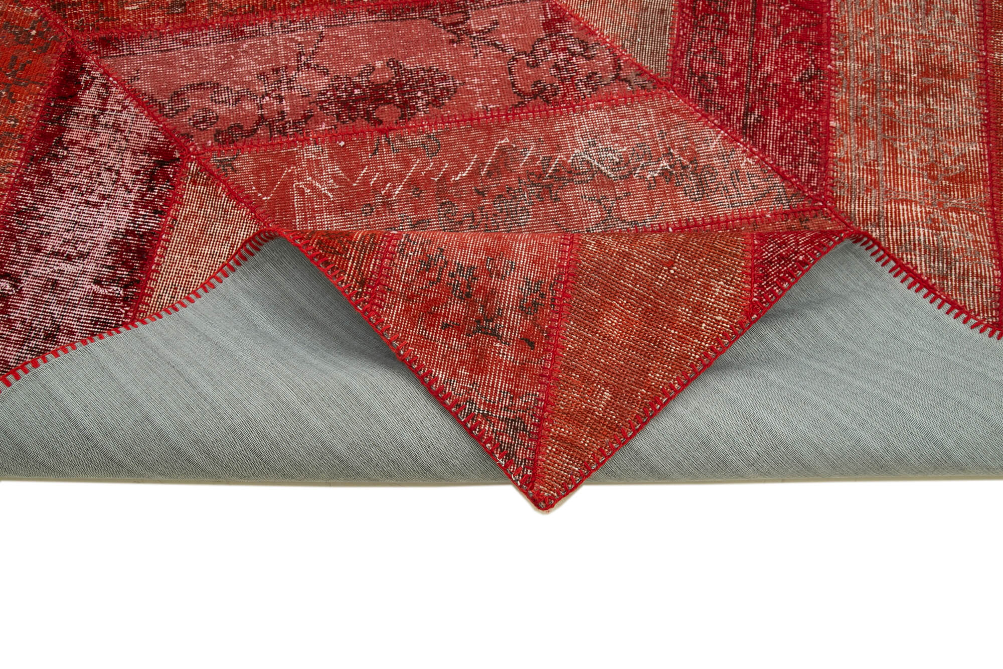Handmade Area Rug – Red Patchwork Turkish Wool Cotton Carpet 6'8''x10'