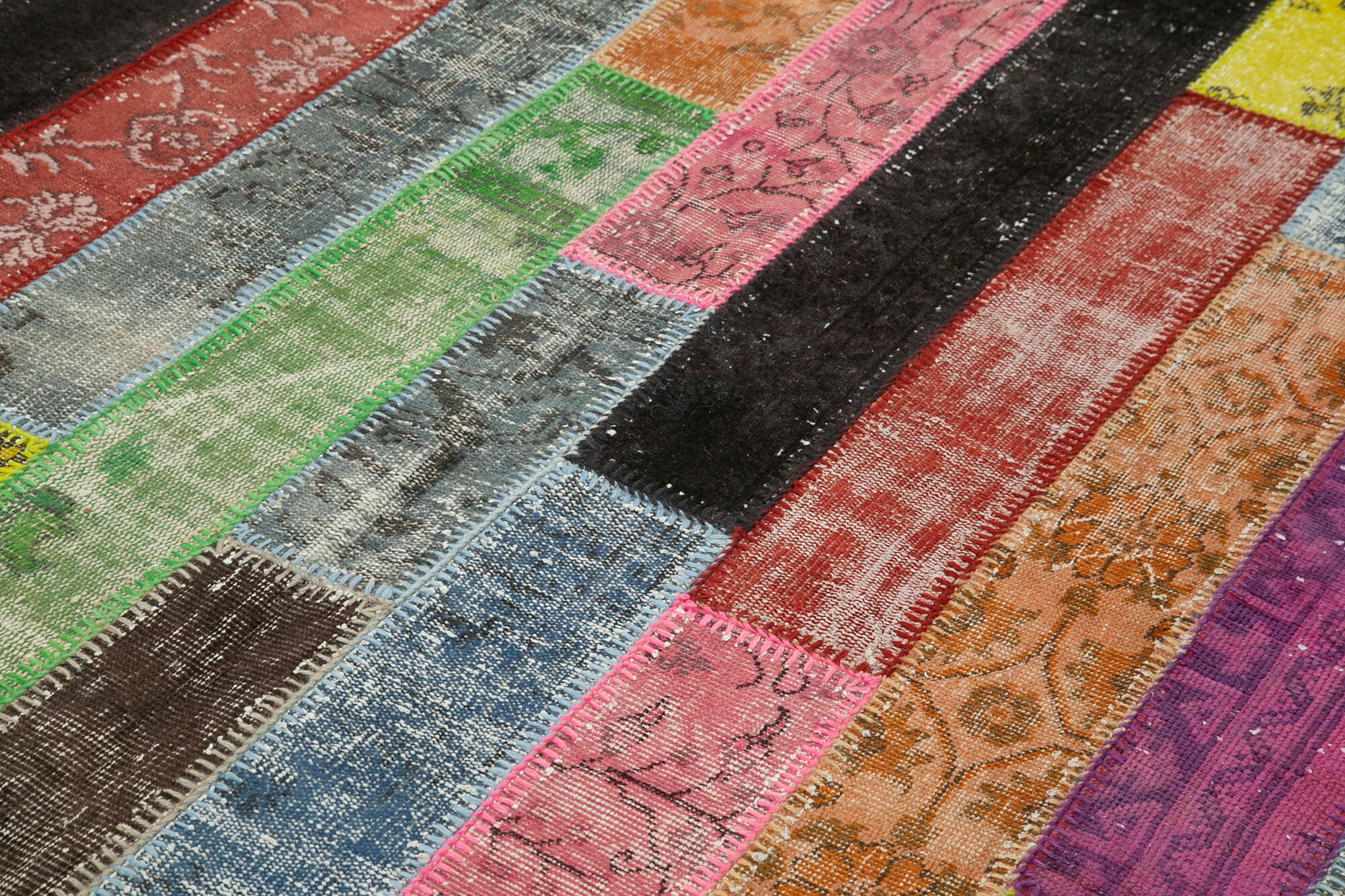 Handmade Area Rug - Grey Patchwork Turkish Wool Carpet 6'7"x9'10" Durable Cotton Blend