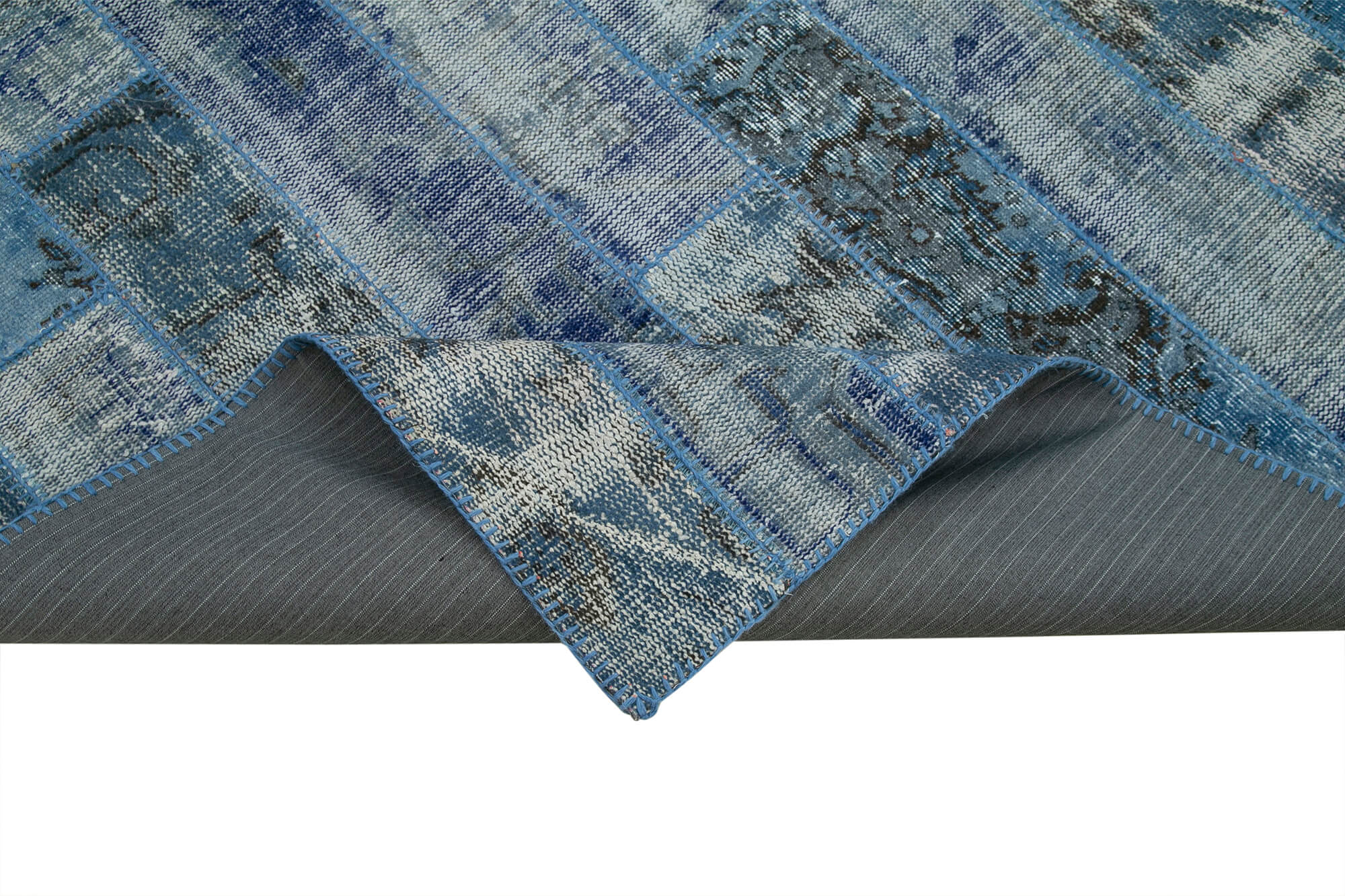 Handmade Patchwork Area Rug - Blue Patchwork Carpet Cotton Wool Rug 6'4''x9'10''