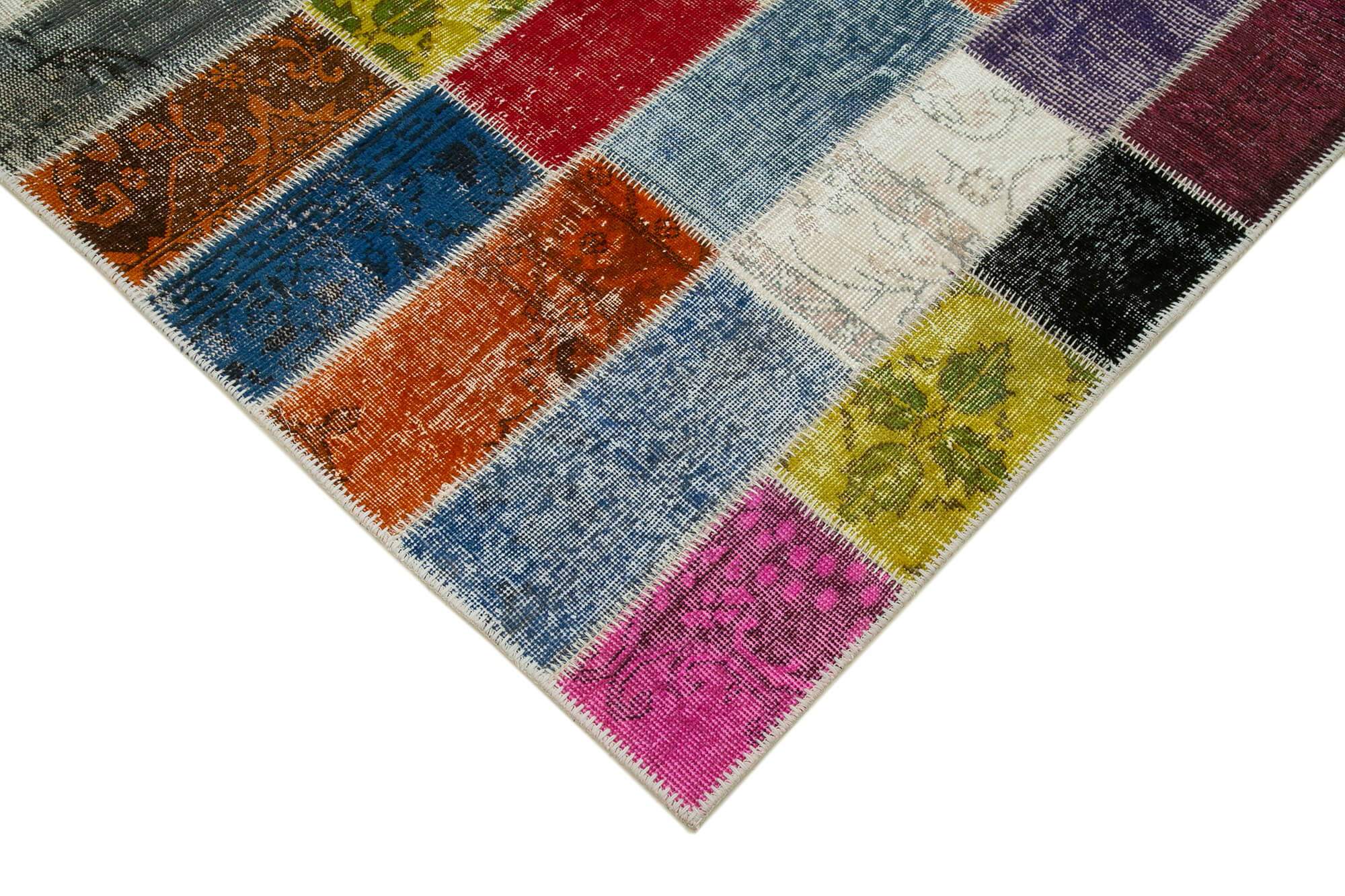 Handmade Area Rug - Grey Patchwork Wool Cotton Carpet 6'8"x9'10" | Vintage Turkish
