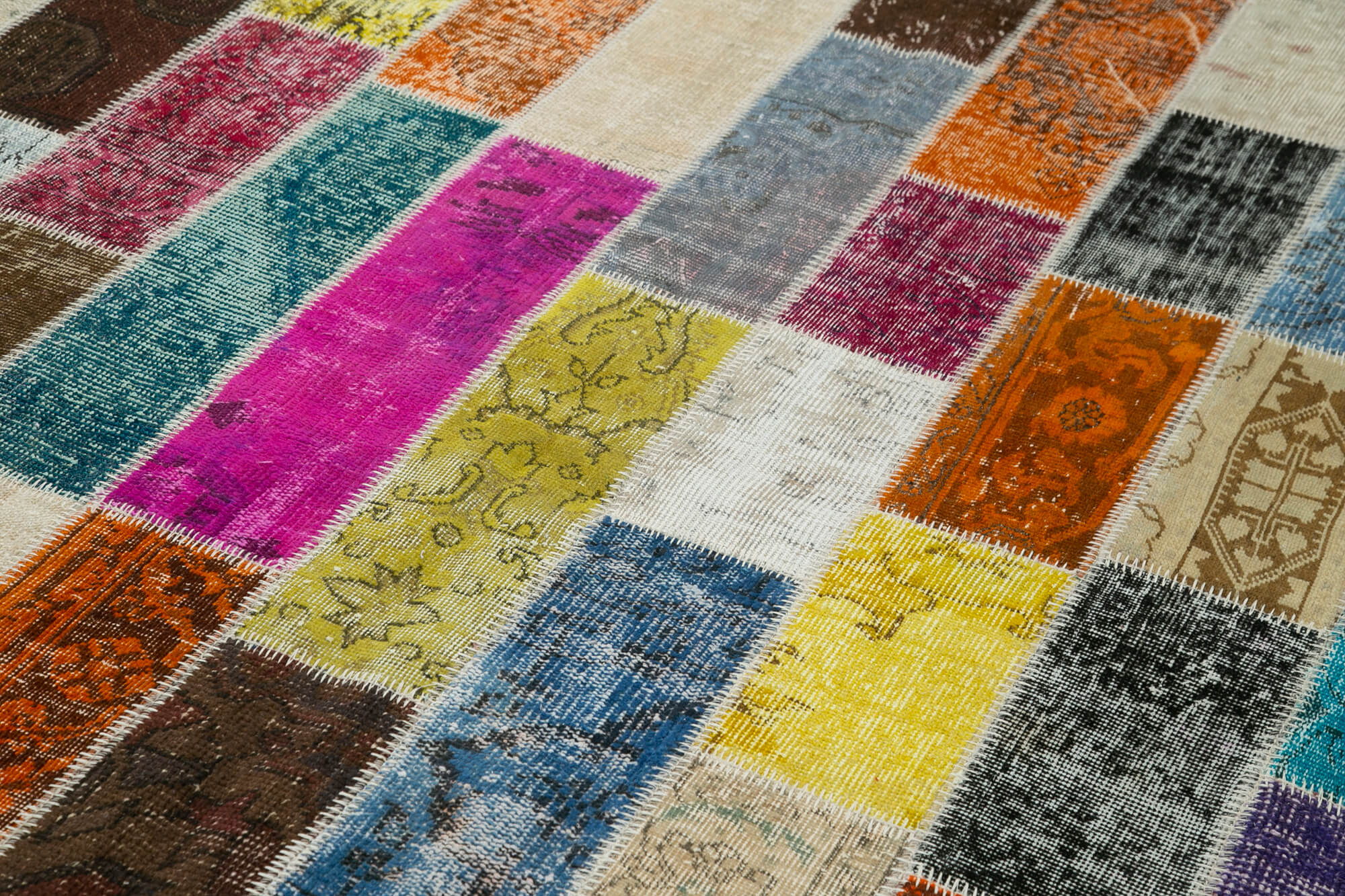 Handmade Area Rug - Grey Patchwork Wool Cotton Carpet 6'8"x9'10" | Vintage Turkish