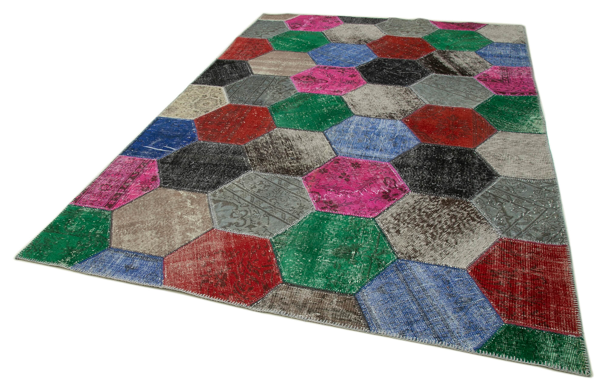 Handmade Wool Area Rug - Kirk Yama Grey Patchwork Cotton Wool Rug 6x10 Feet