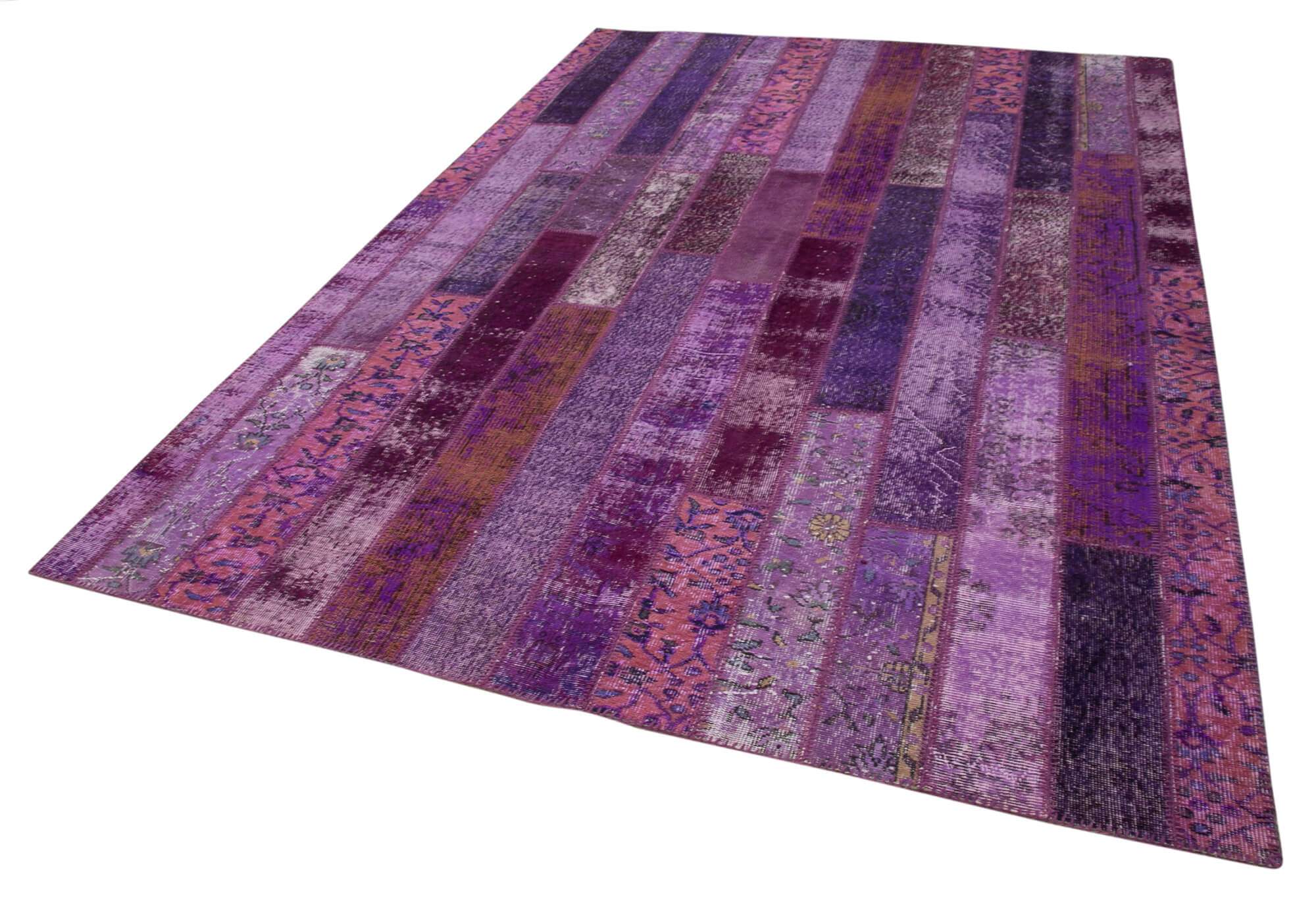 Handmade Wool Area Rug - Purple Patchwork Carpet, Cotton Wool Blend 6'9''x10'