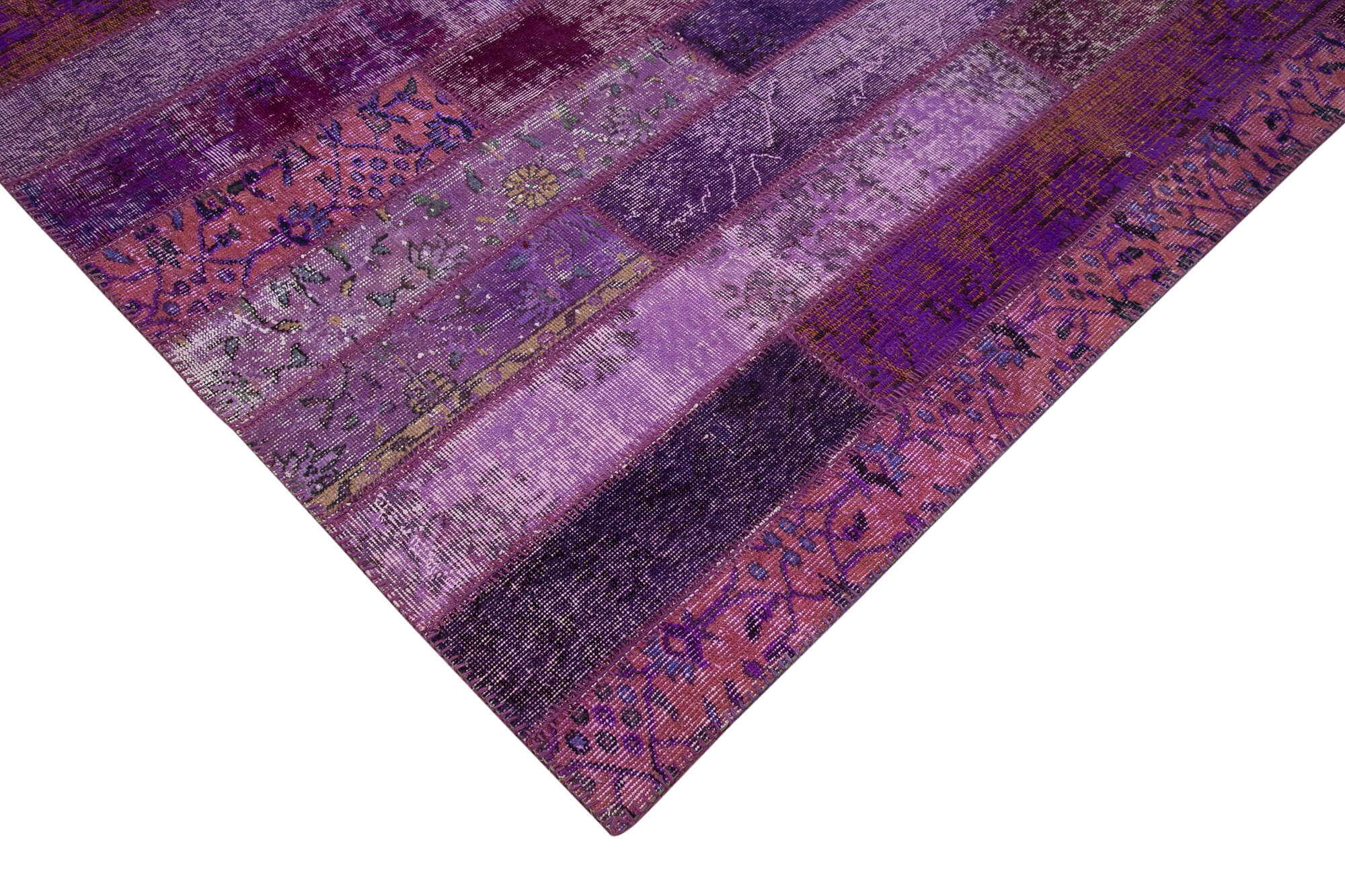 Handmade Wool Area Rug - Purple Patchwork Carpet, Cotton Wool Blend 6'9''x10'