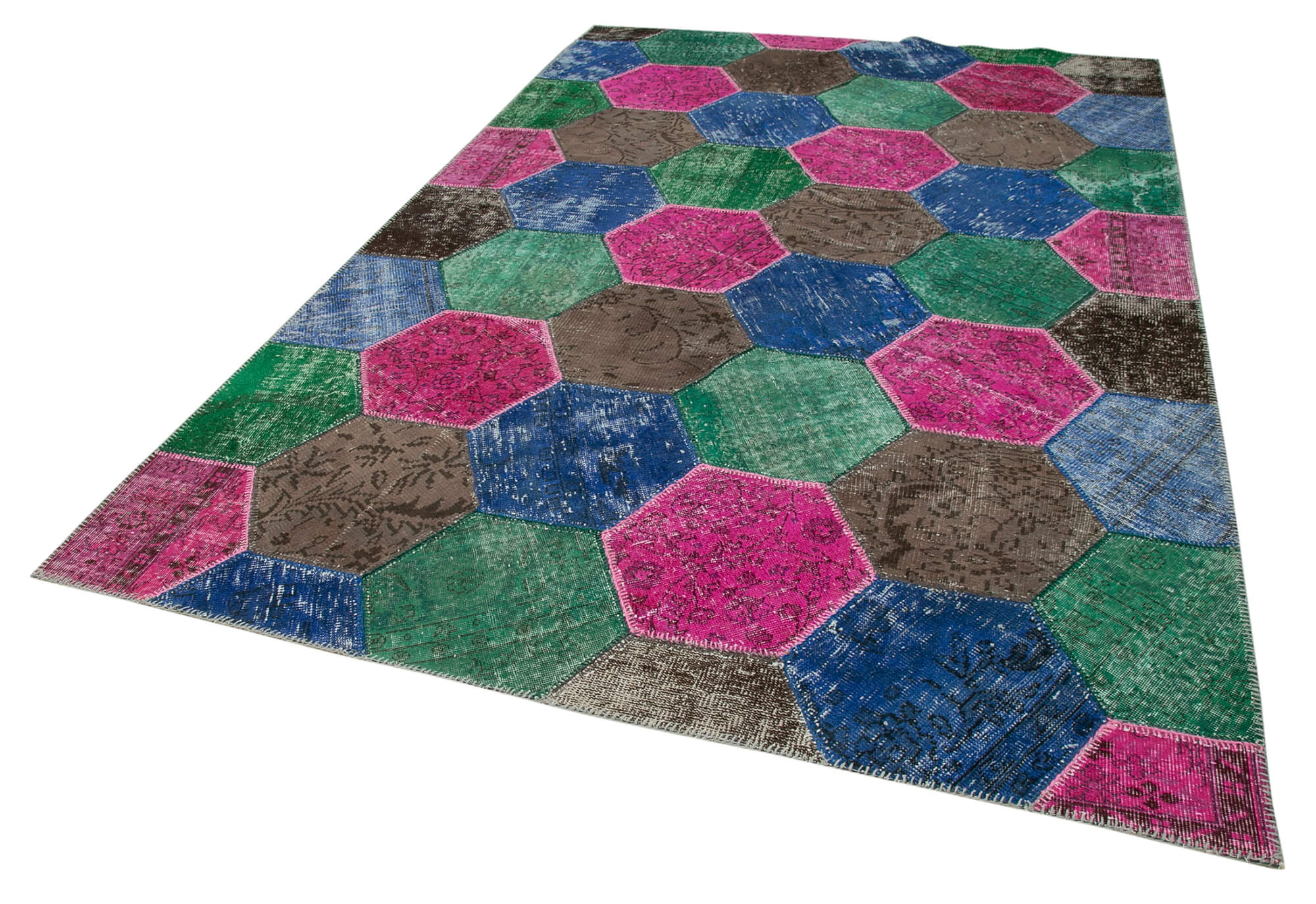 Handmade Area Rug - Kirk Yama Grey Patchwork Cotton Wool 6'7" x 10'1" Vintage Turkish
