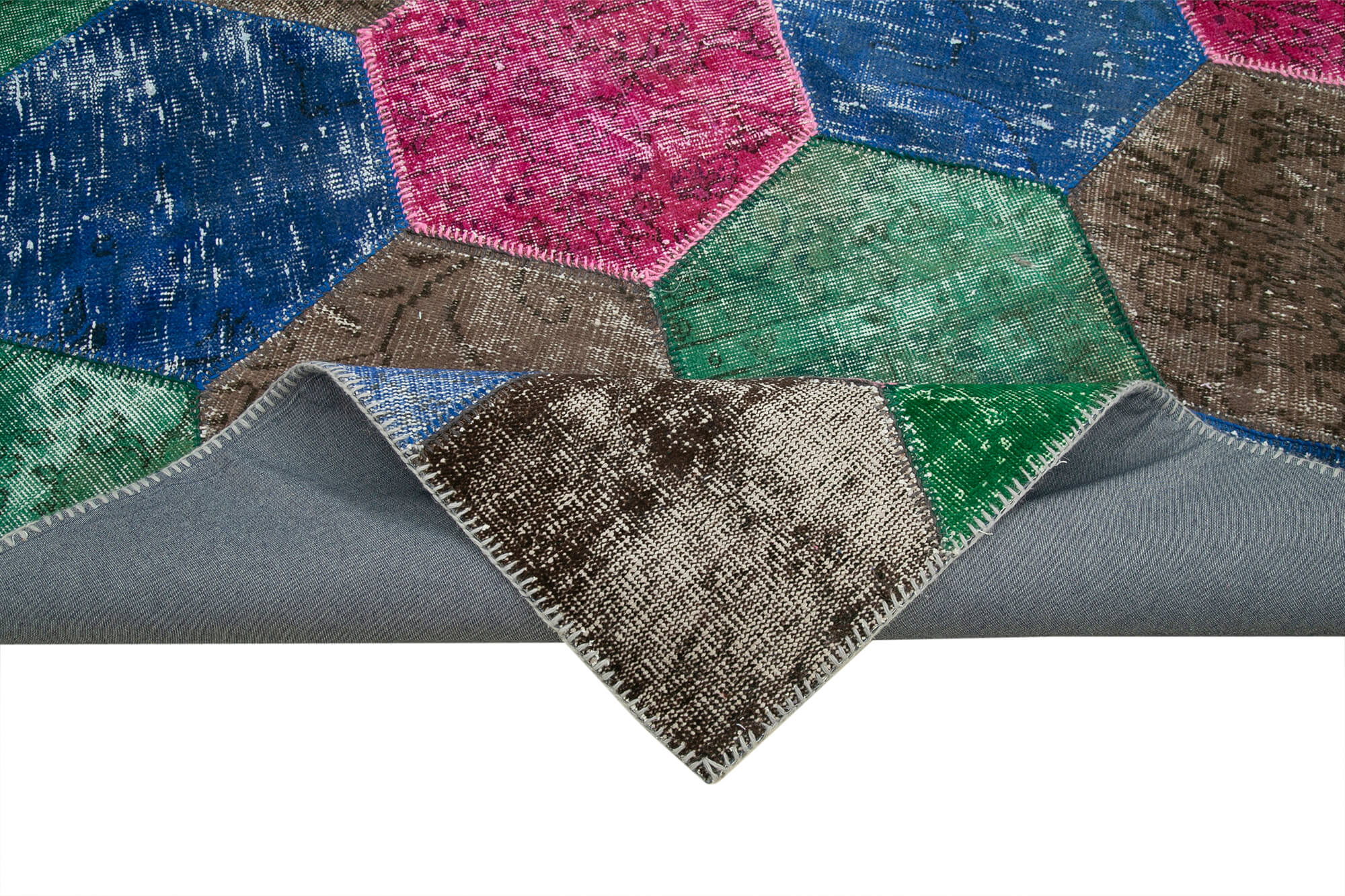 Handmade Area Rug - Kirk Yama Grey Patchwork Cotton Wool 6'7" x 10'1" Vintage Turkish