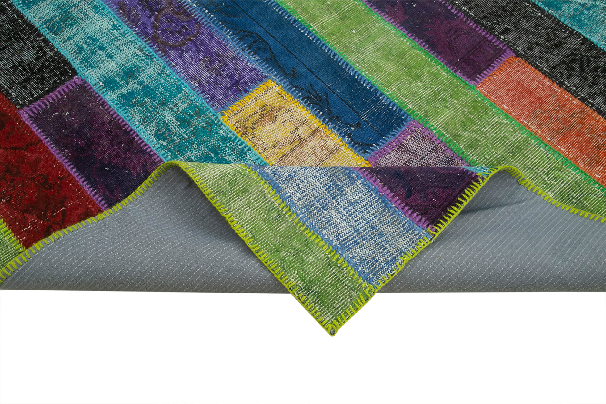 Handmade Area Rug - Grey Patchwork Cotton Wool Vintage Turkish Carpet 6'8" x 9'11"