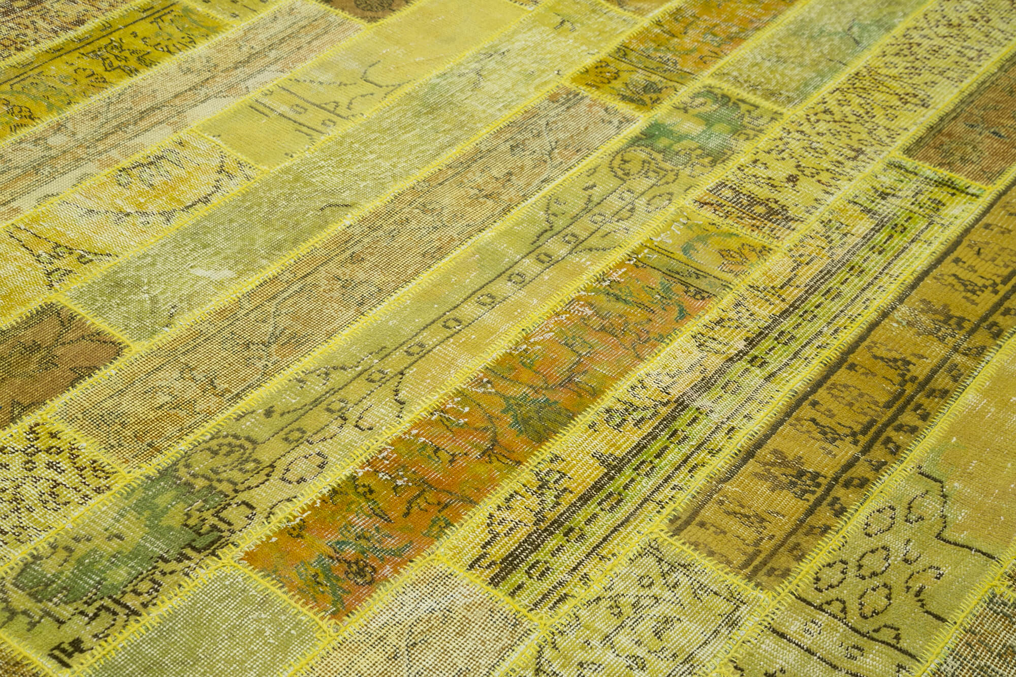 Handmade Area Rug – Yellow Patchwork Cotton Wool Carpet 8x10 Vintage Turkish