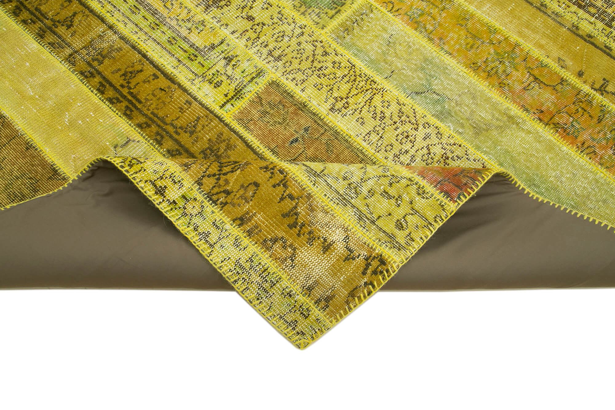 Handmade Area Rug – Yellow Patchwork Cotton Wool Carpet 8x10 Vintage Turkish