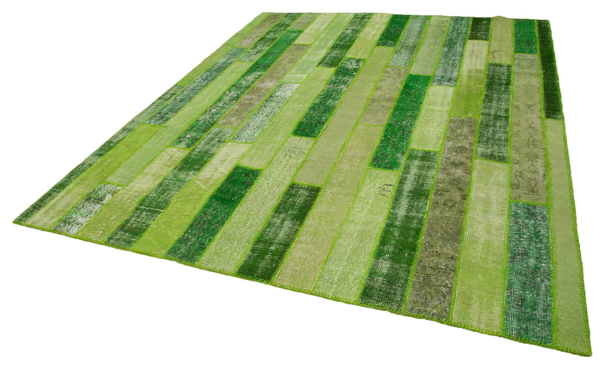 Handmade Area Rug - Green Patchwork Cotton Wool Vintage Handwoven Carpet 8'1" x 10'1"