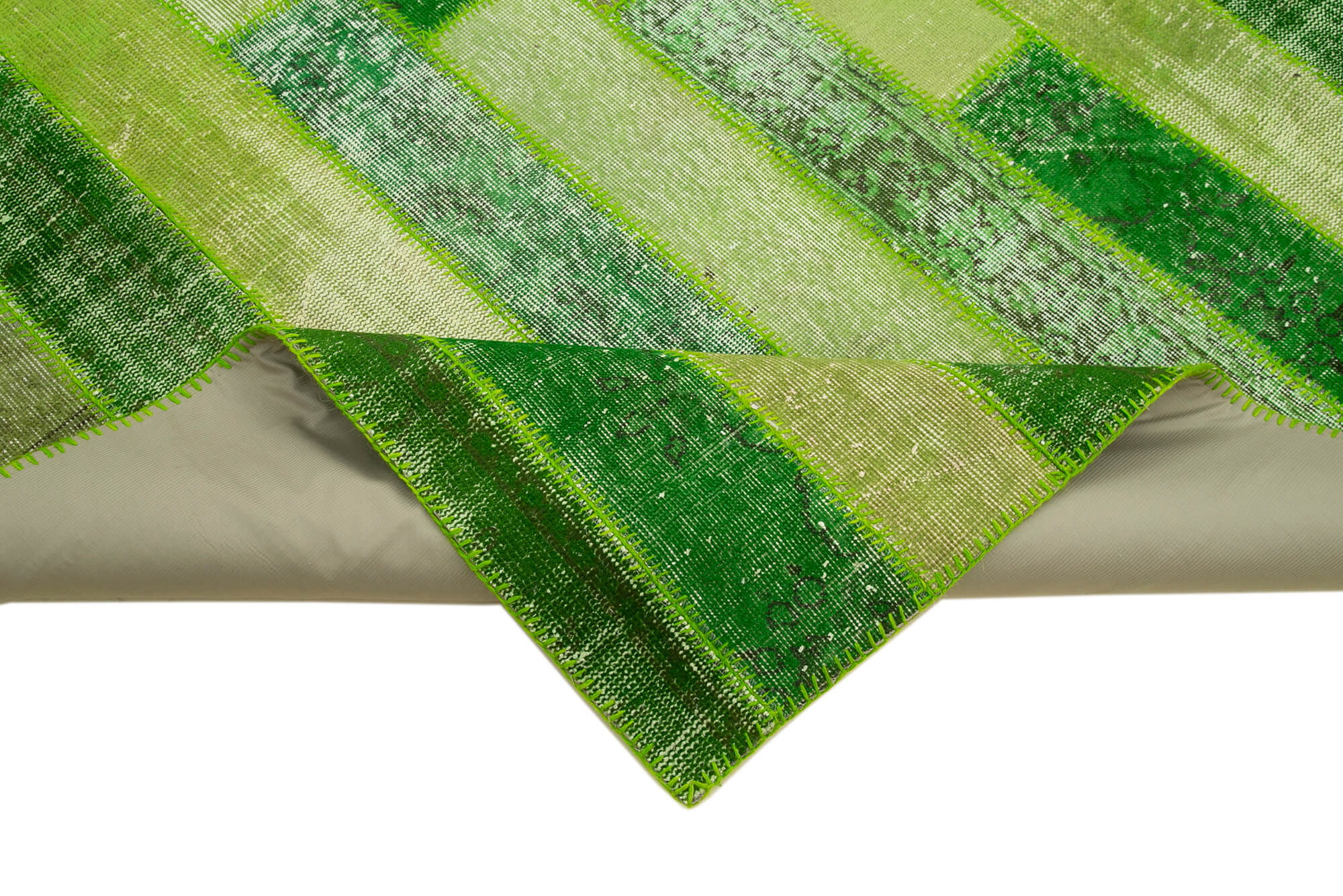 Handmade Area Rug - Green Patchwork Cotton Wool Vintage Handwoven Carpet 8'1" x 10'1"